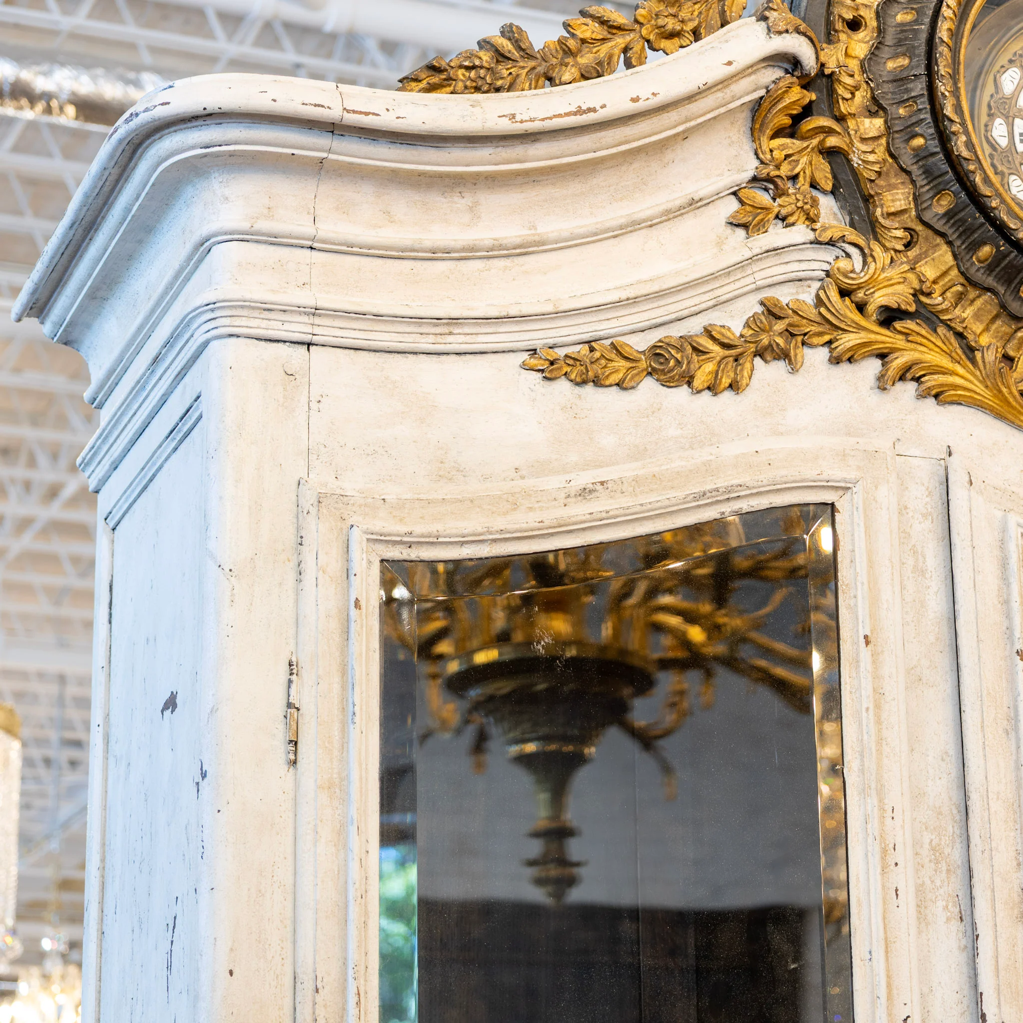 Louis XV Cupboard – Distressed White Finish & Clock Crest - Image 4