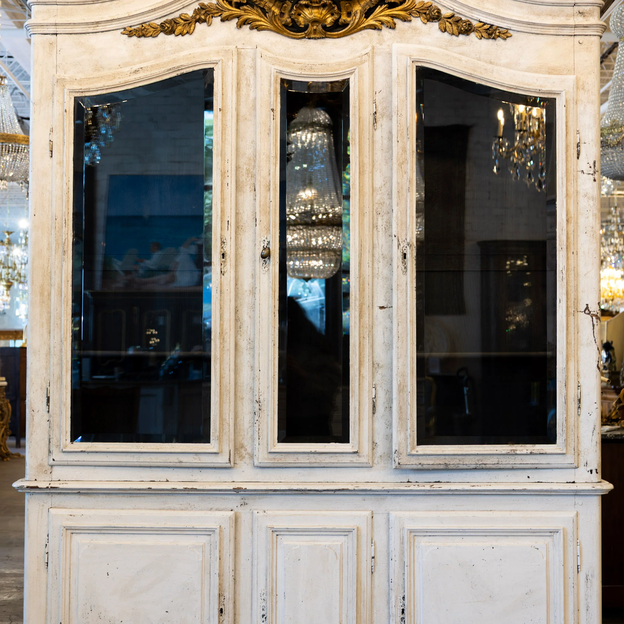 Louis XV Cupboard – Distressed White Finish & Clock Crest - Image 5
