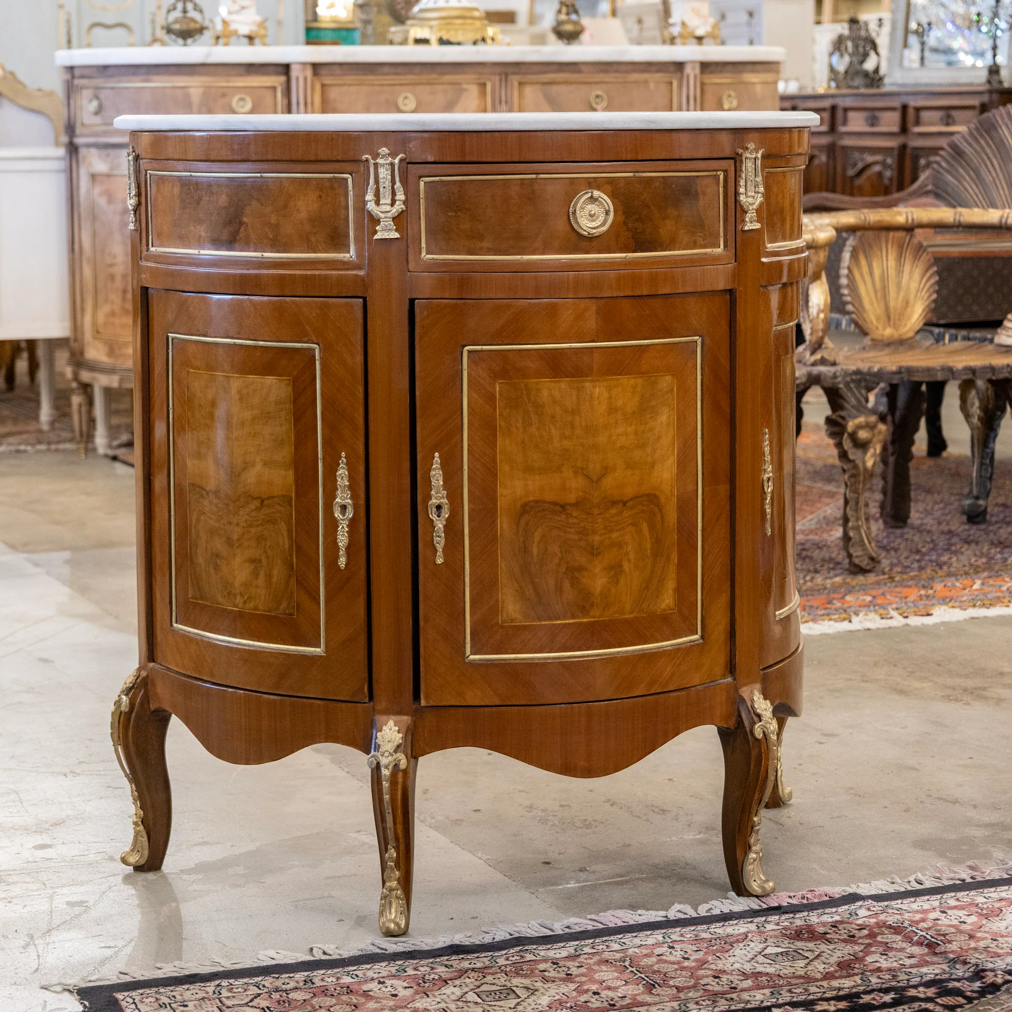 Louis XV Demilune Burl Wood Nightstand – White Marble Top & Ormolu Mounts - Image 2