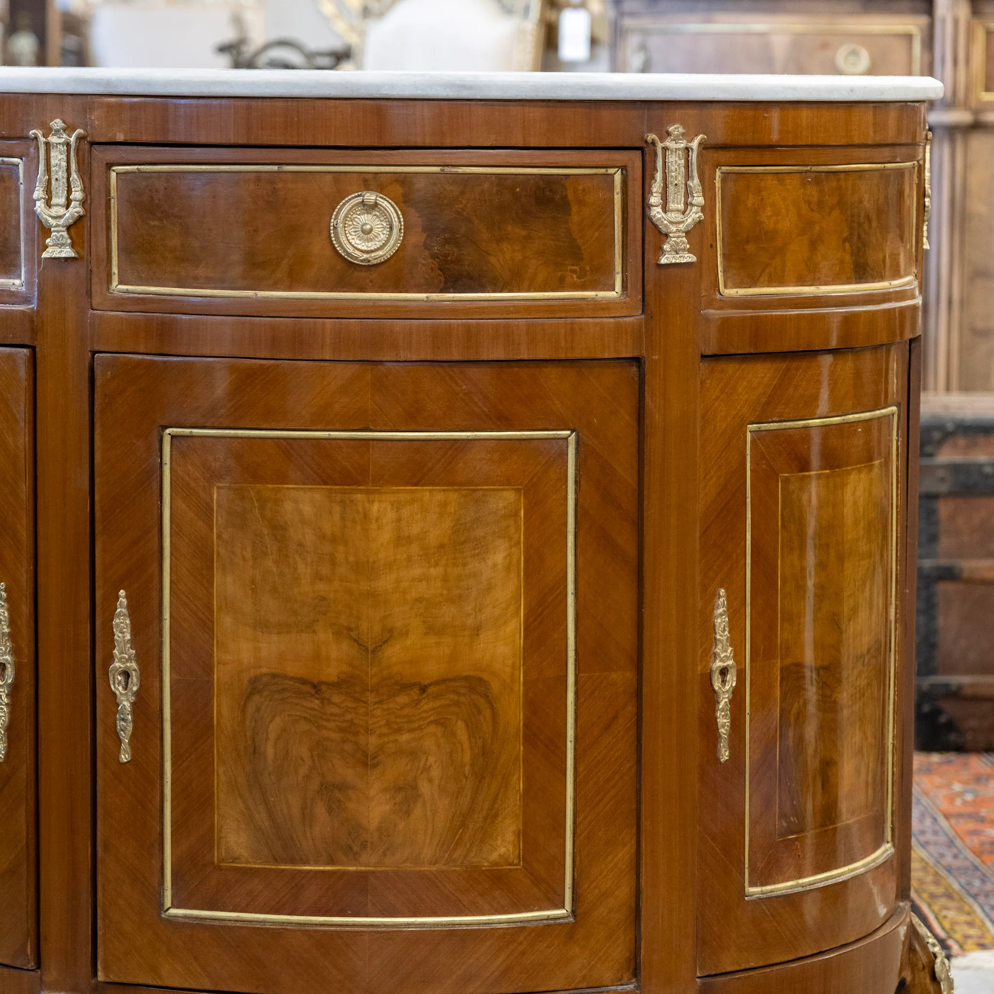Louis XV Demilune Burl Wood Nightstand – White Marble Top & Ormolu Mounts - Image 3