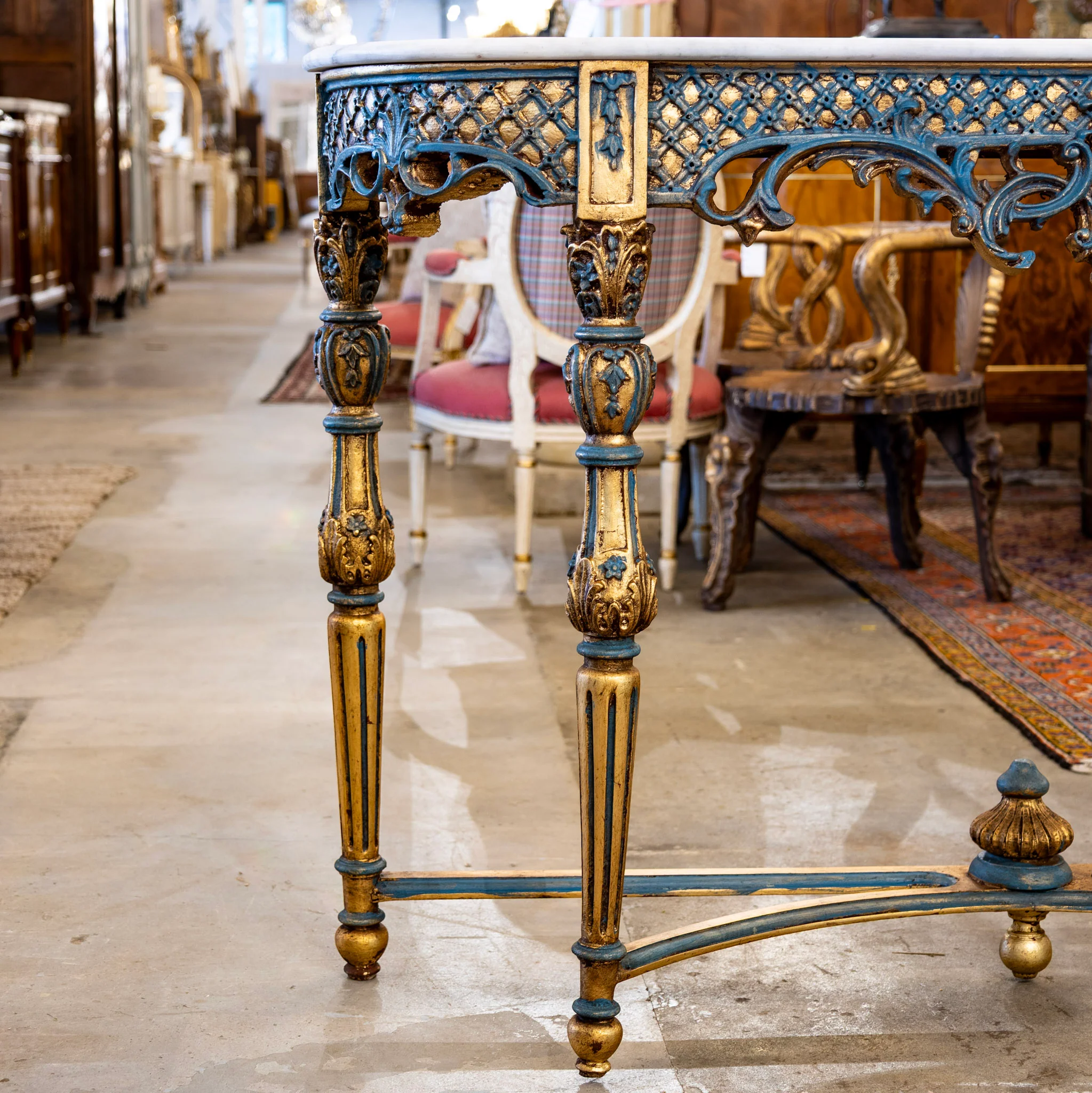 Louis XV Demilune Gilded Console Table – Blue Trim & White Marble Top - Image 3