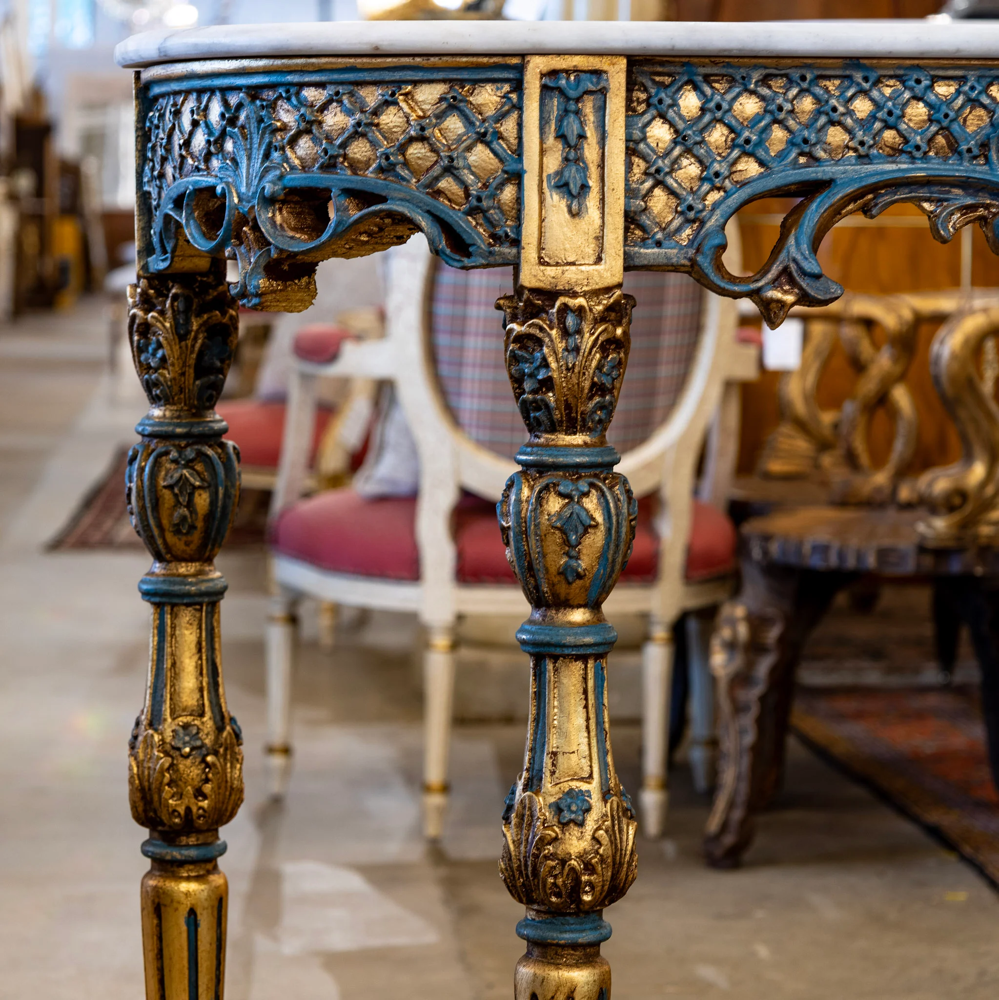 Louis XV Demilune Gilded Console Table – Blue Trim & White Marble Top - Image 4