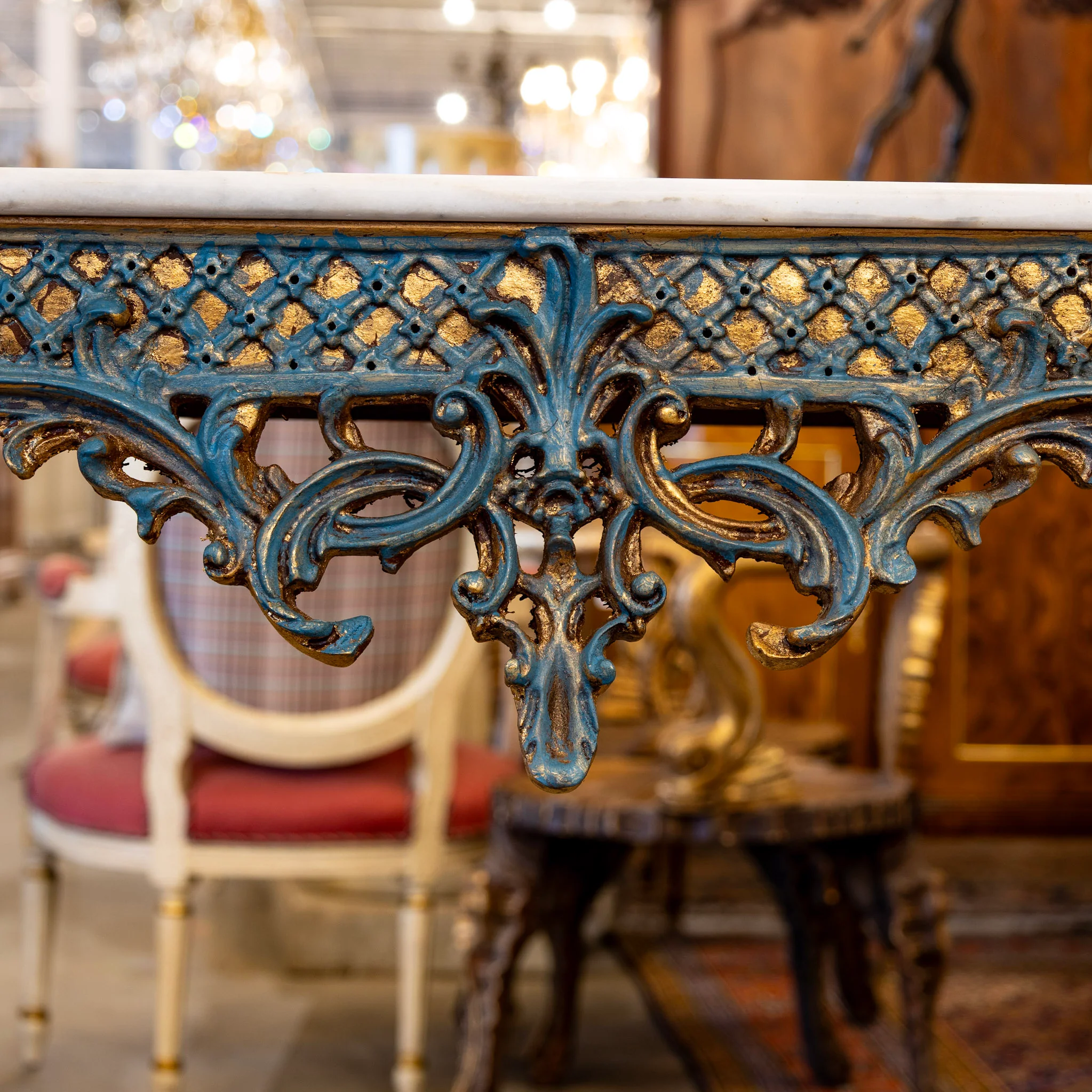 Louis XV Demilune Gilded Console Table – Blue Trim & White Marble Top - Image 5