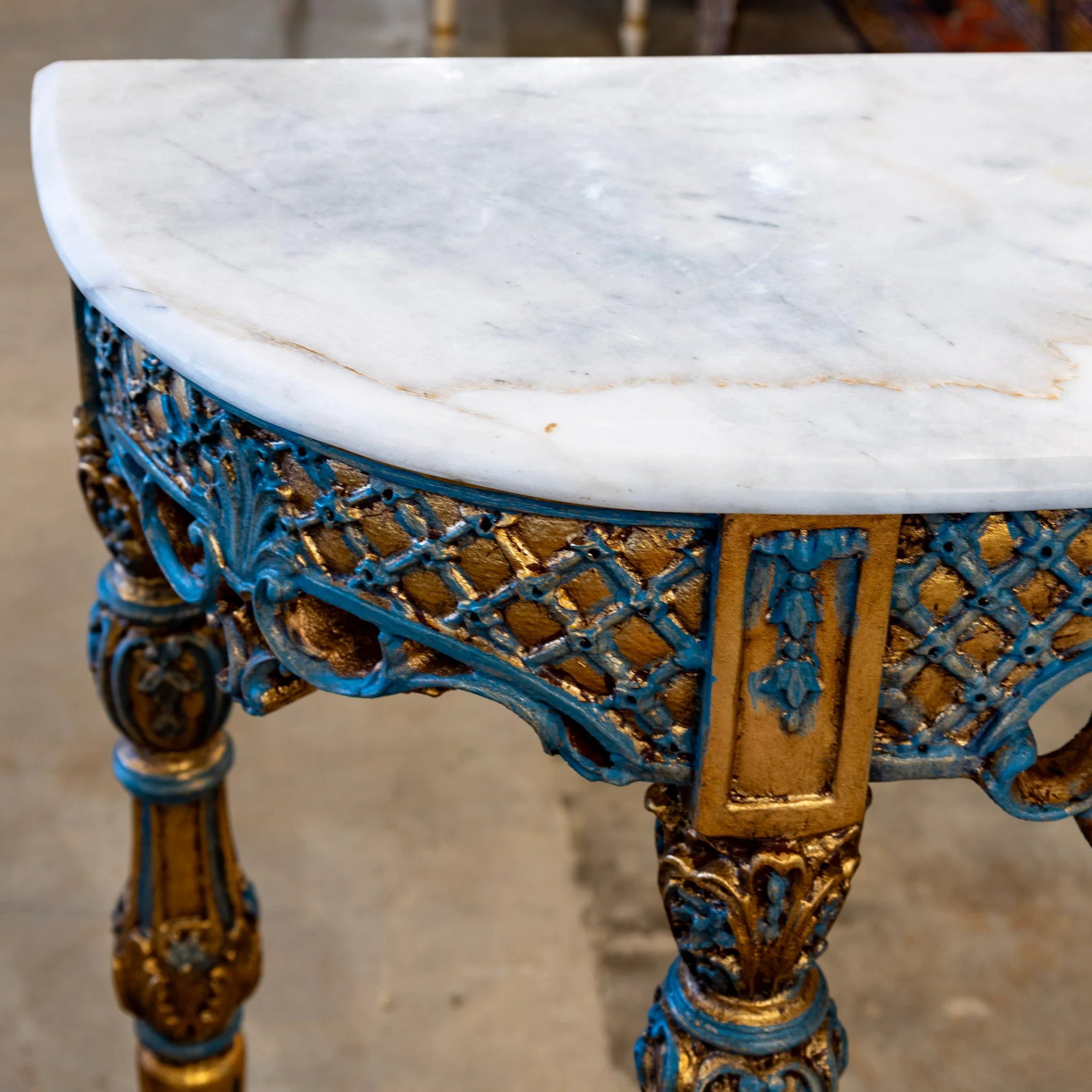 Louis XV Demilune Gilded Console Table – Blue Trim & White Marble Top - Image 7