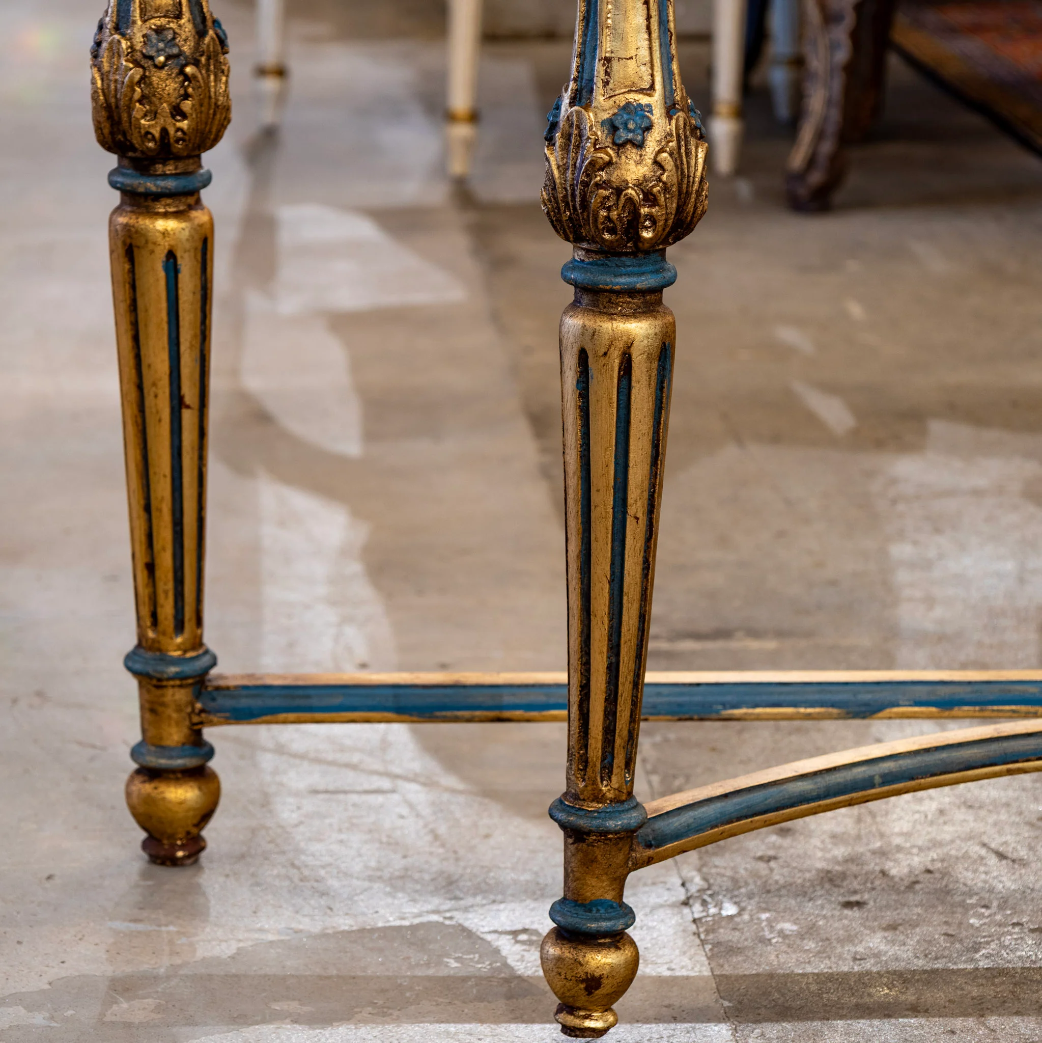 Louis XV Demilune Gilded Console Table – Blue Trim & White Marble Top - Image 8