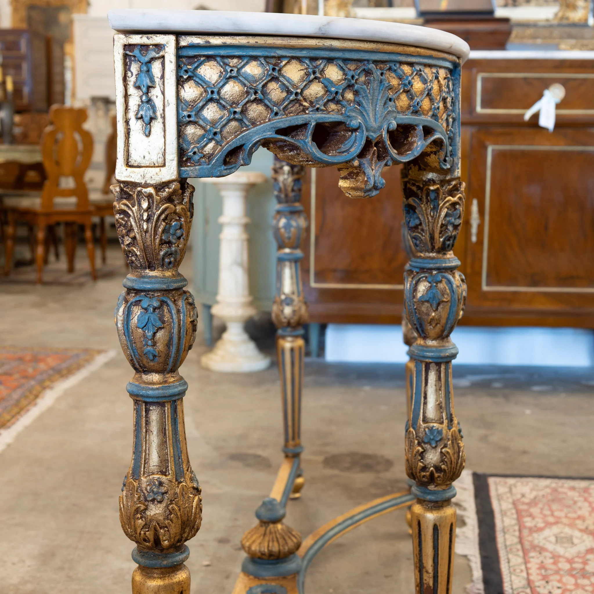 Louis XV Demilune Gilded Console Table – Blue Trim & White Marble Top - Image 9