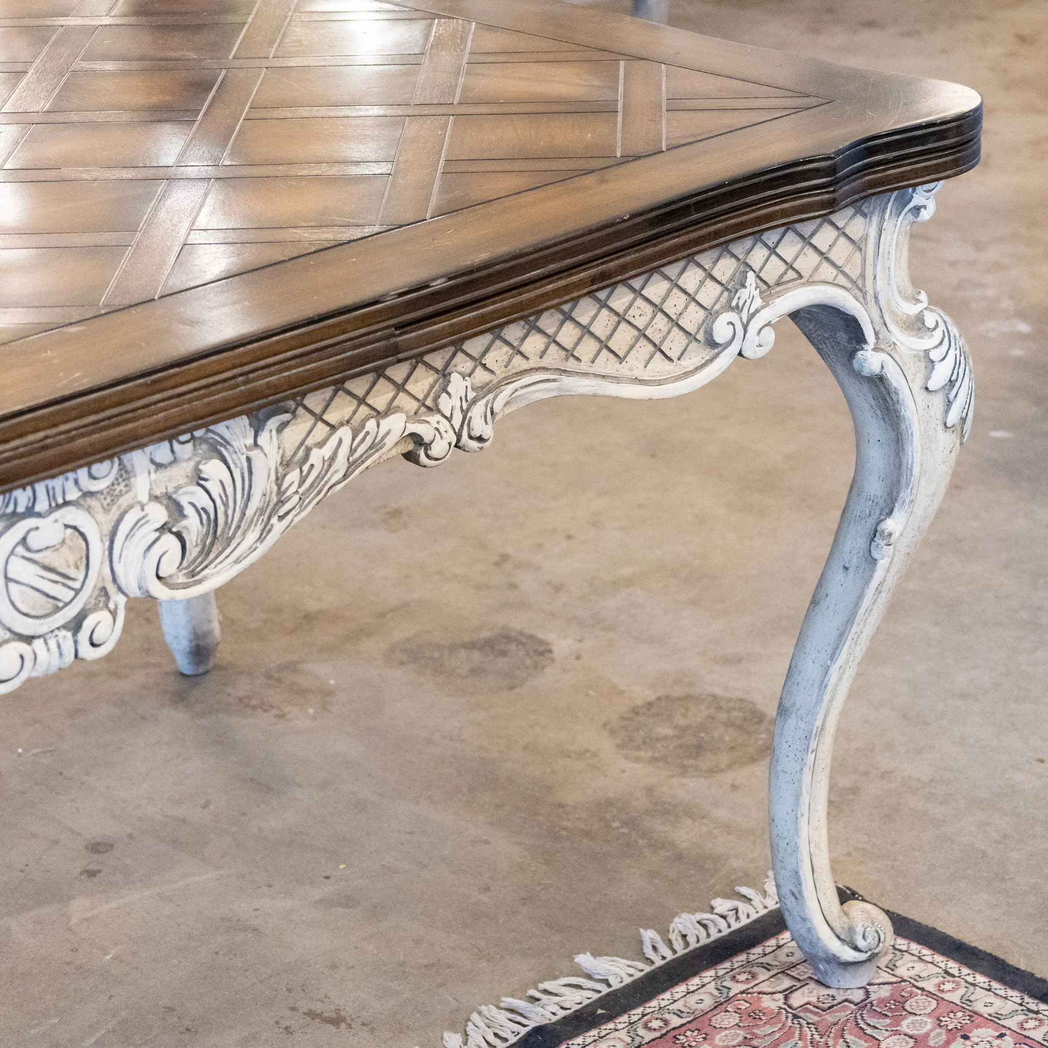 Louis XV Extendable Dining Table – Carved White Base & Dark Wood Top - Image 12