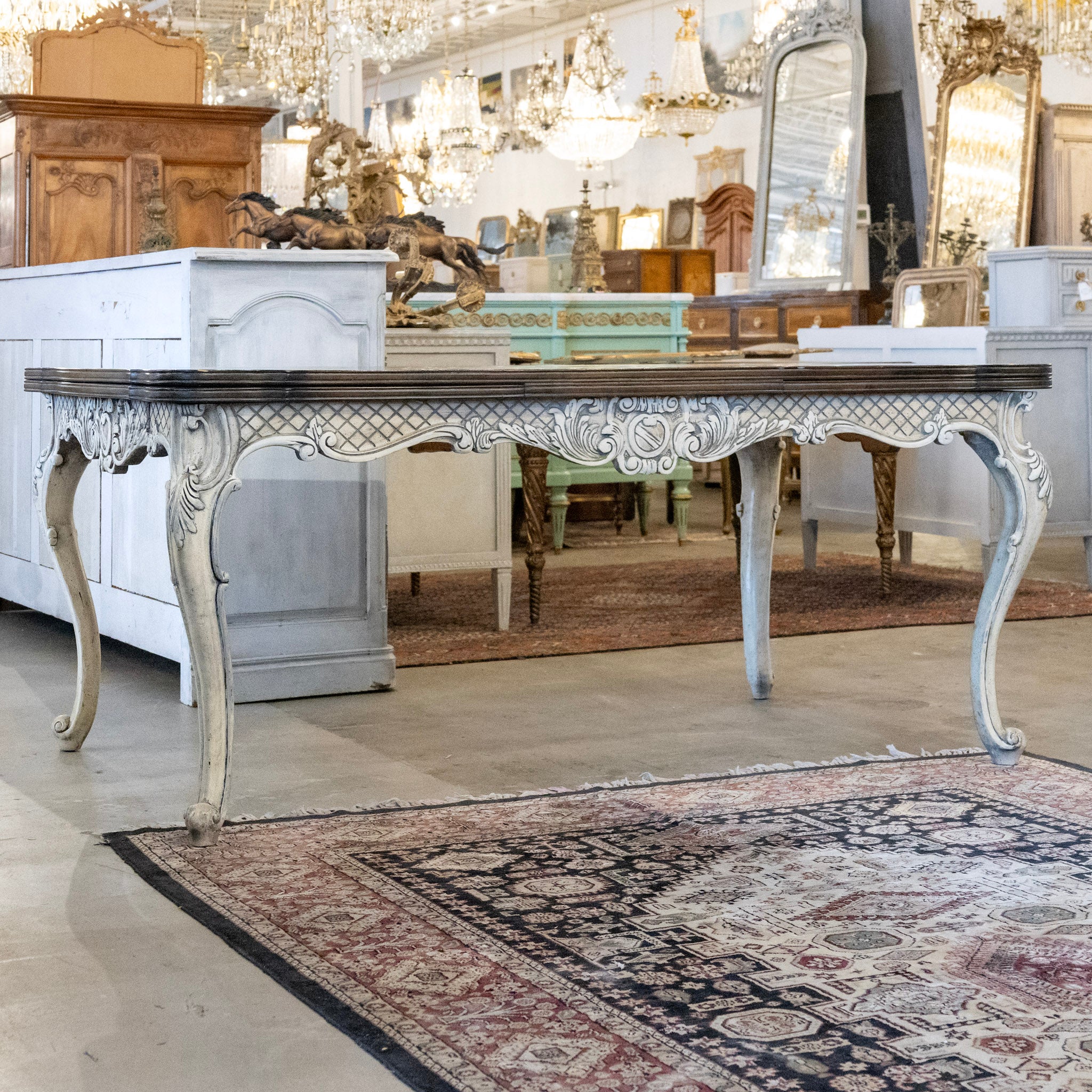 Louis XV Extendable Dining Table – Carved White Base & Dark Wood Top - Image 2