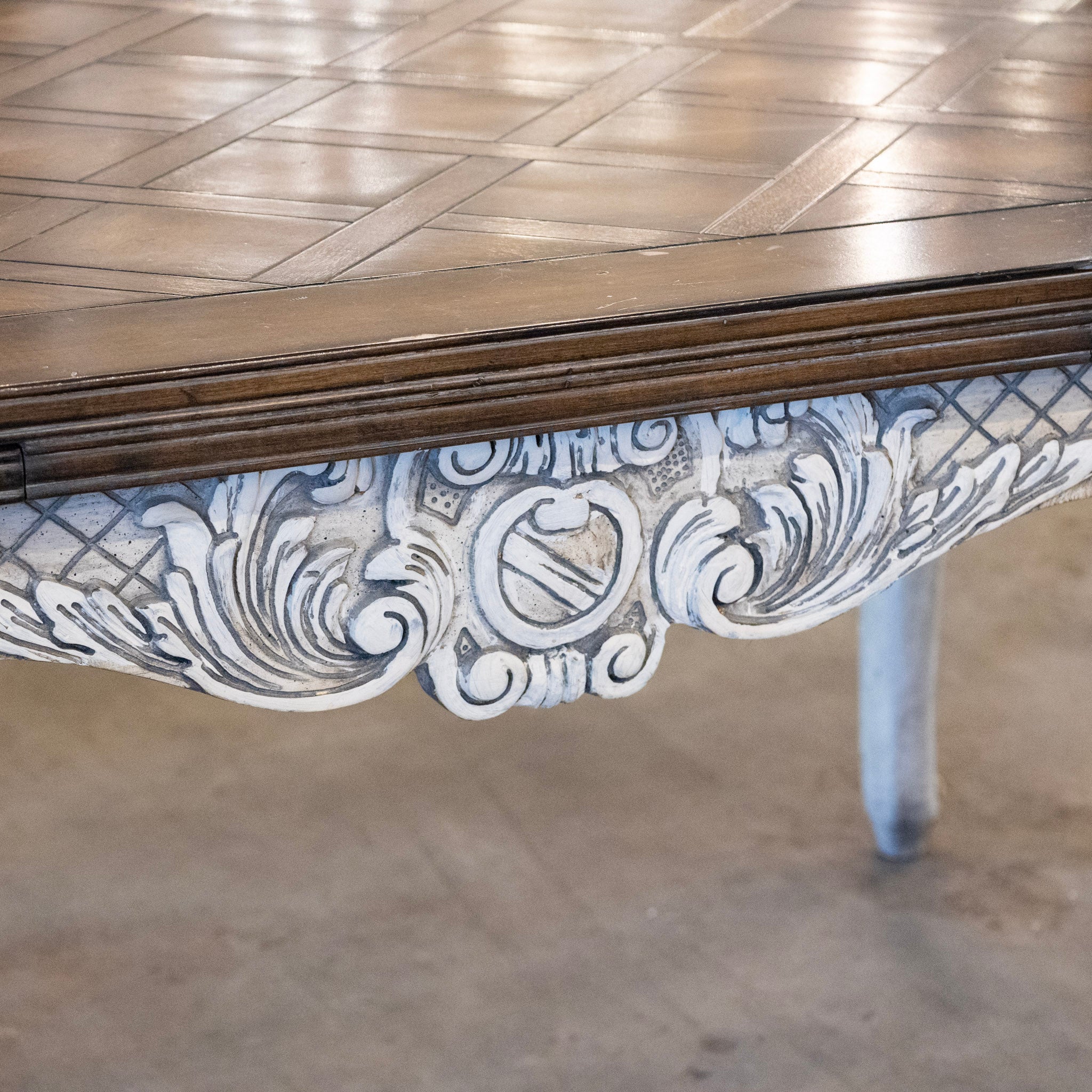 Louis XV Extendable Dining Table – Carved White Base & Dark Wood Top - Image 8