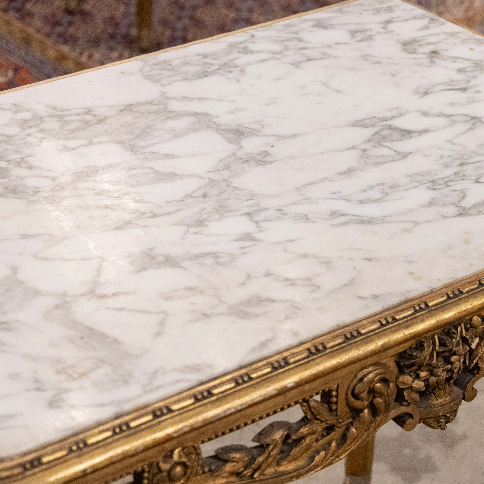 Louis XV Gilded Accent Table – Ornate Carvings & White Marble Top - Image 5