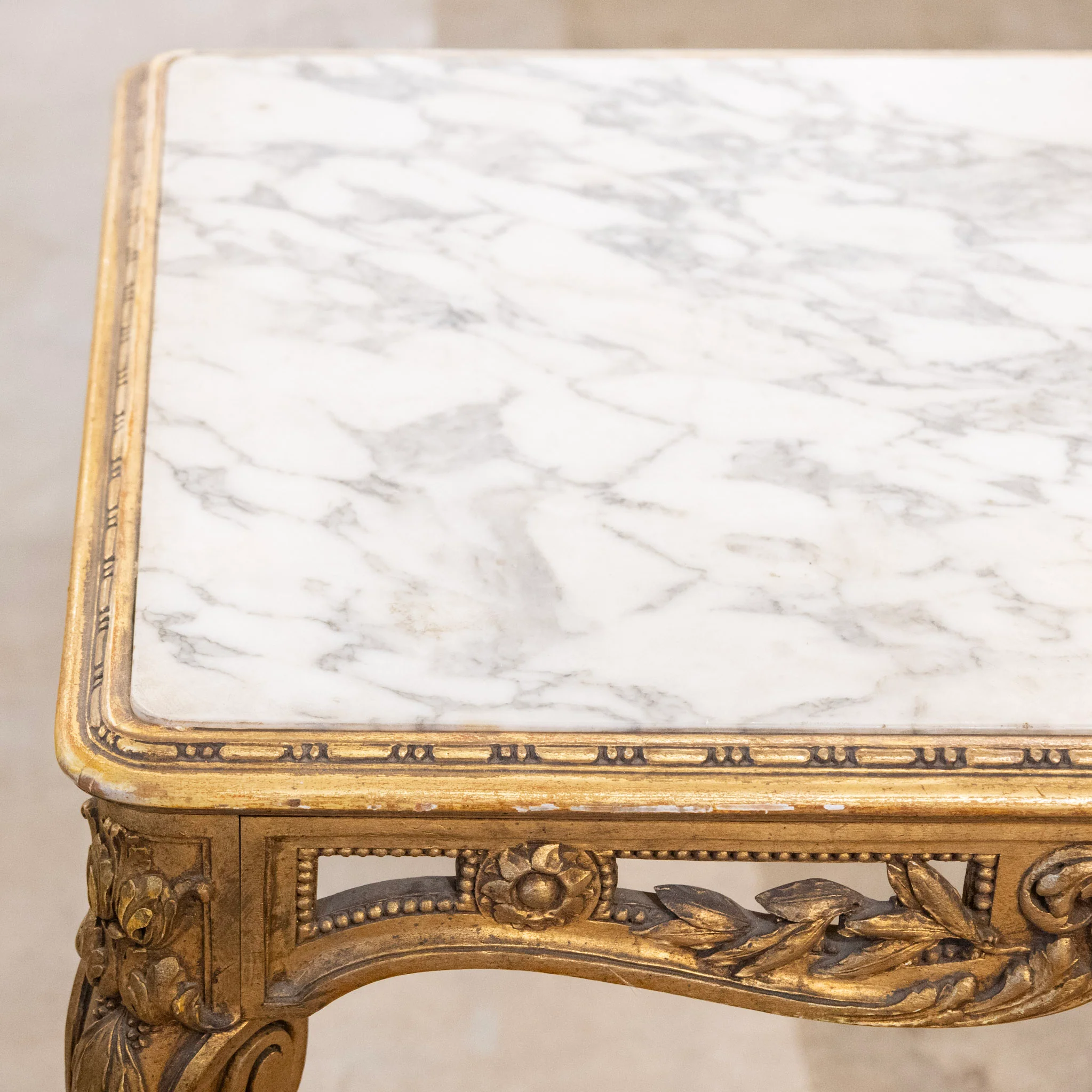 Louis XV Gilded Accent Table – Ornate Carvings & White Marble Top - Image 6