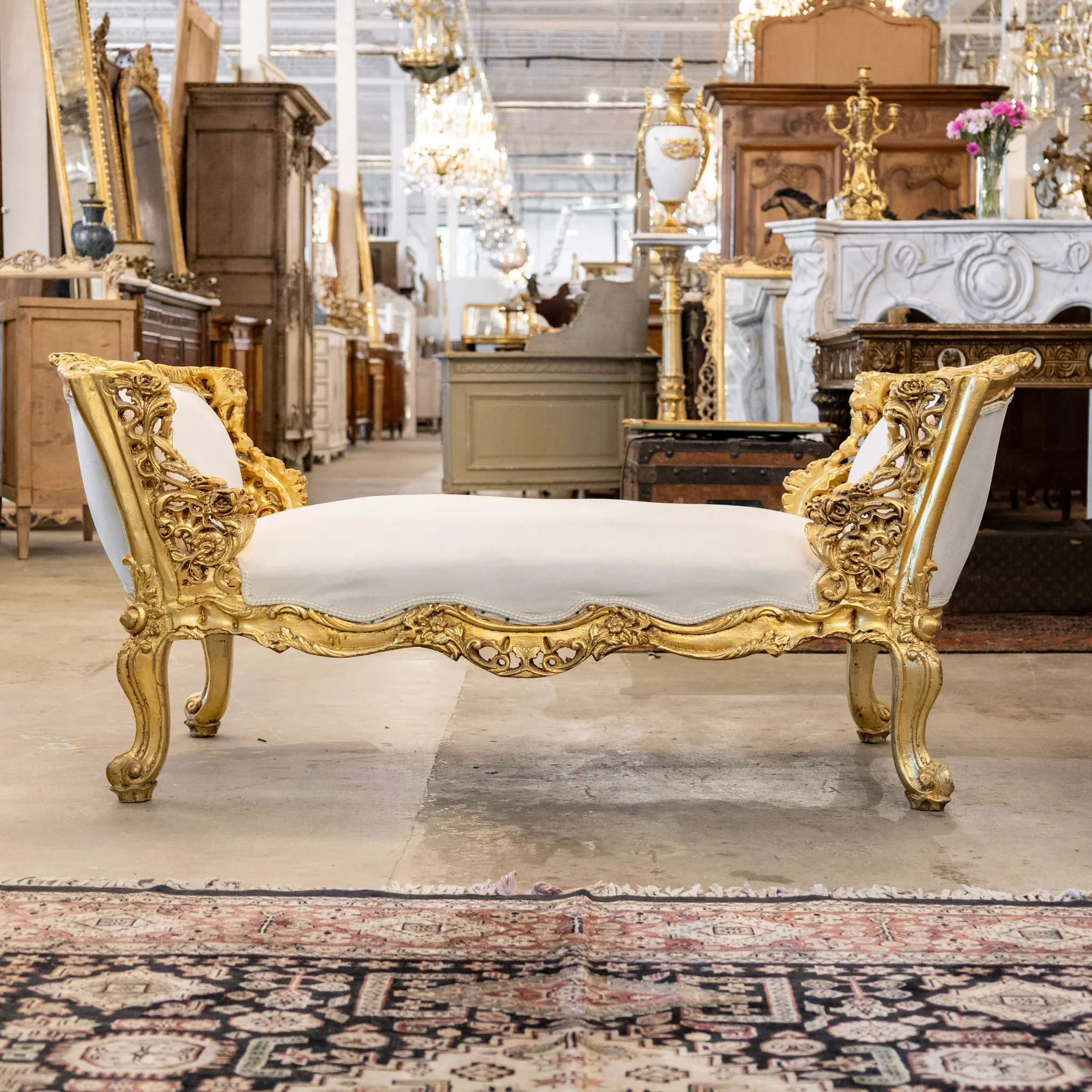 Louis XV Gilded Arm Bench – Floral Carved Frame in Soft White Velvet