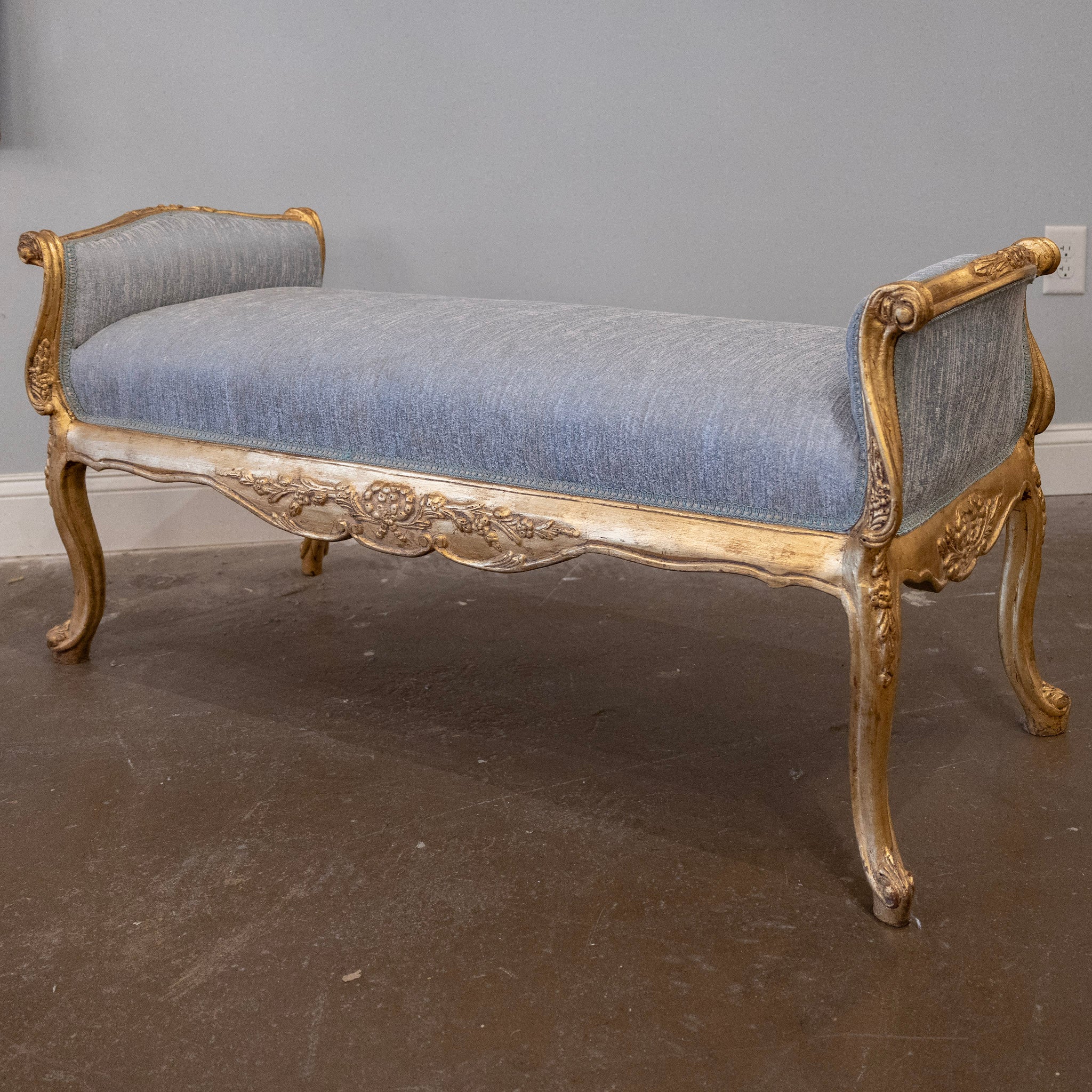 Louis XV Gilded Bench – Carved & Blue Silk Weave Upholstery - Image 2