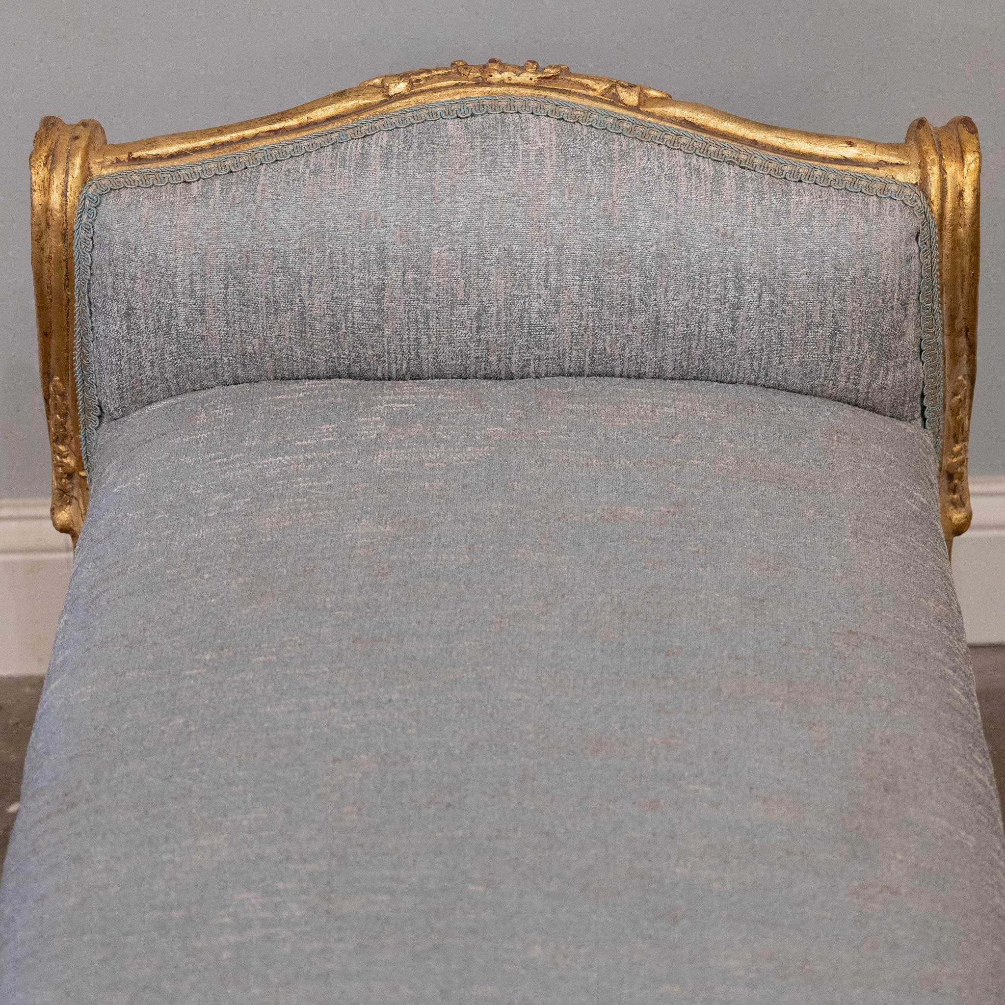 Louis XV Gilded Bench – Carved & Blue Silk Weave Upholstery - Image 6