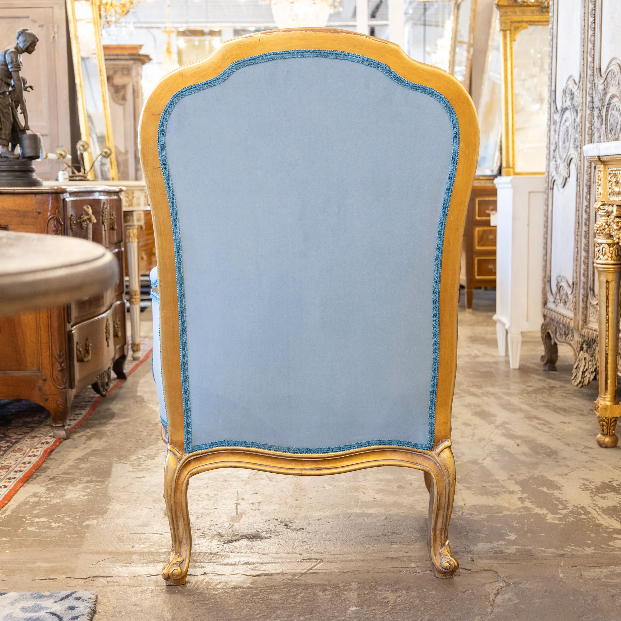 Louis XV Gilded Bergère Chair – Blue Velvet Upholstery - Image 10
