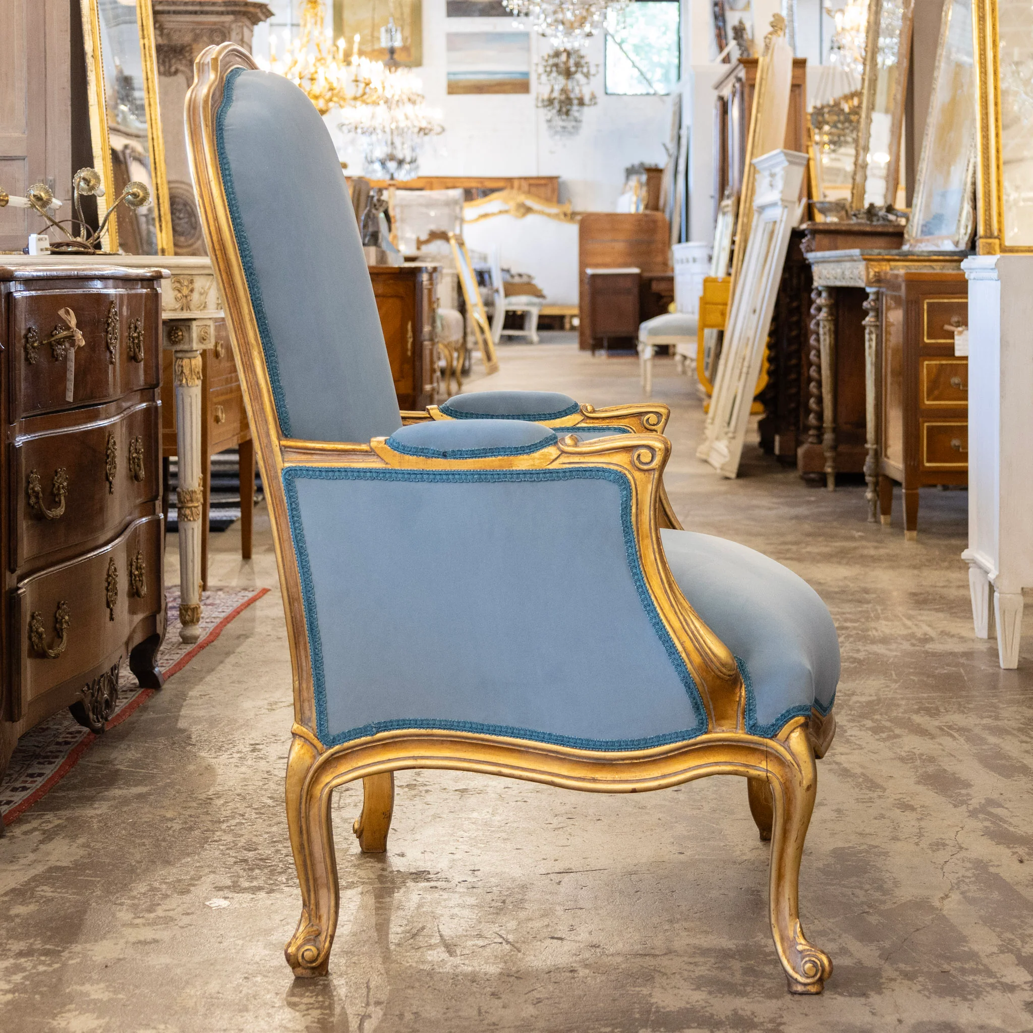 Louis XV Gilded Bergère Chair – Blue Velvet Upholstery - Image 3