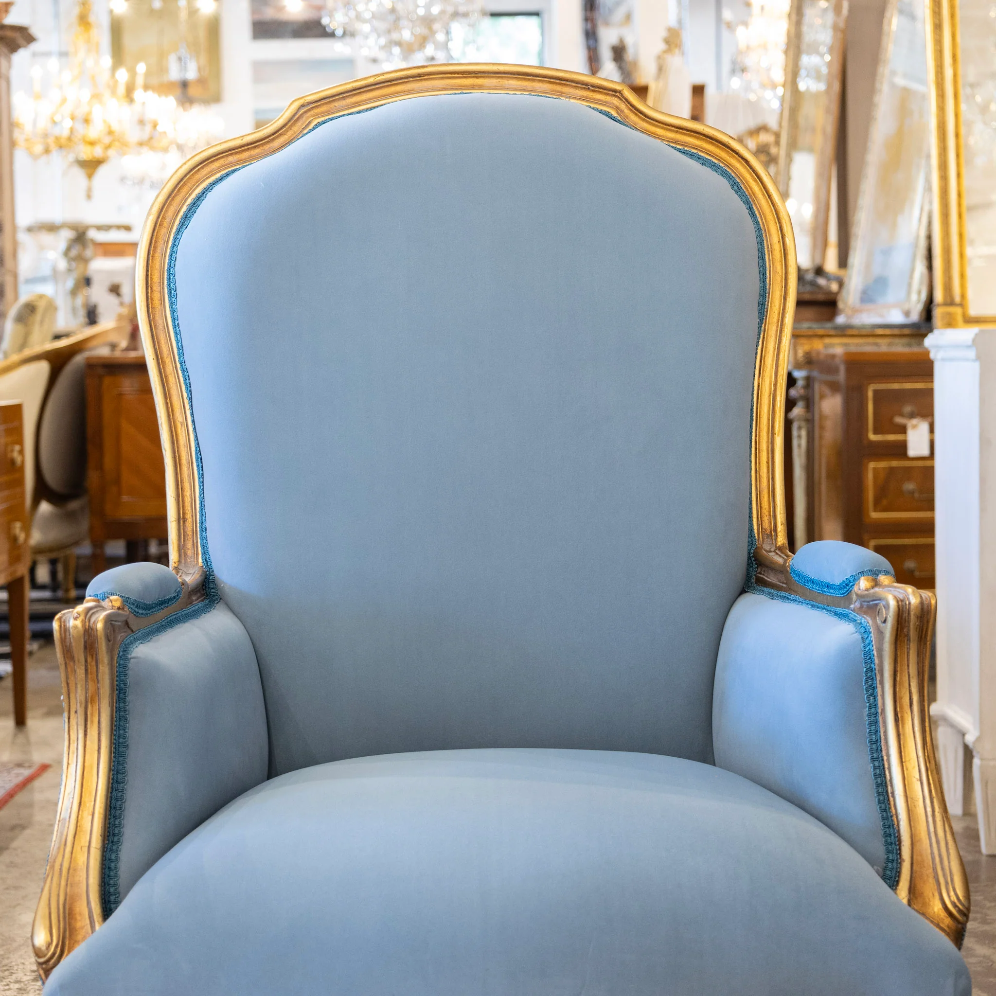Louis XV Gilded Bergère Chair – Blue Velvet Upholstery - Image 4