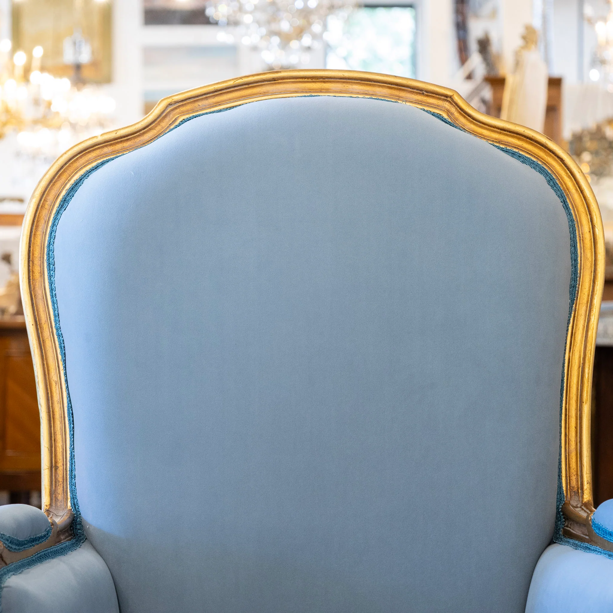 Louis XV Gilded Bergère Chair – Blue Velvet Upholstery - Image 8