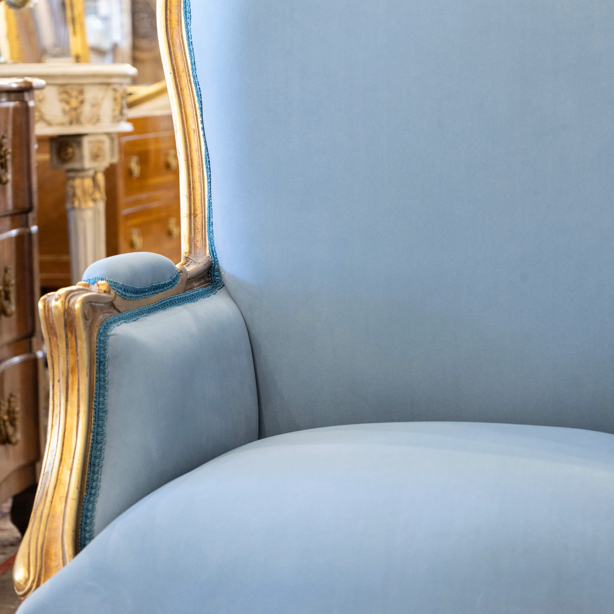 Louis XV Gilded Bergère Chair – Blue Velvet Upholstery - Image 9