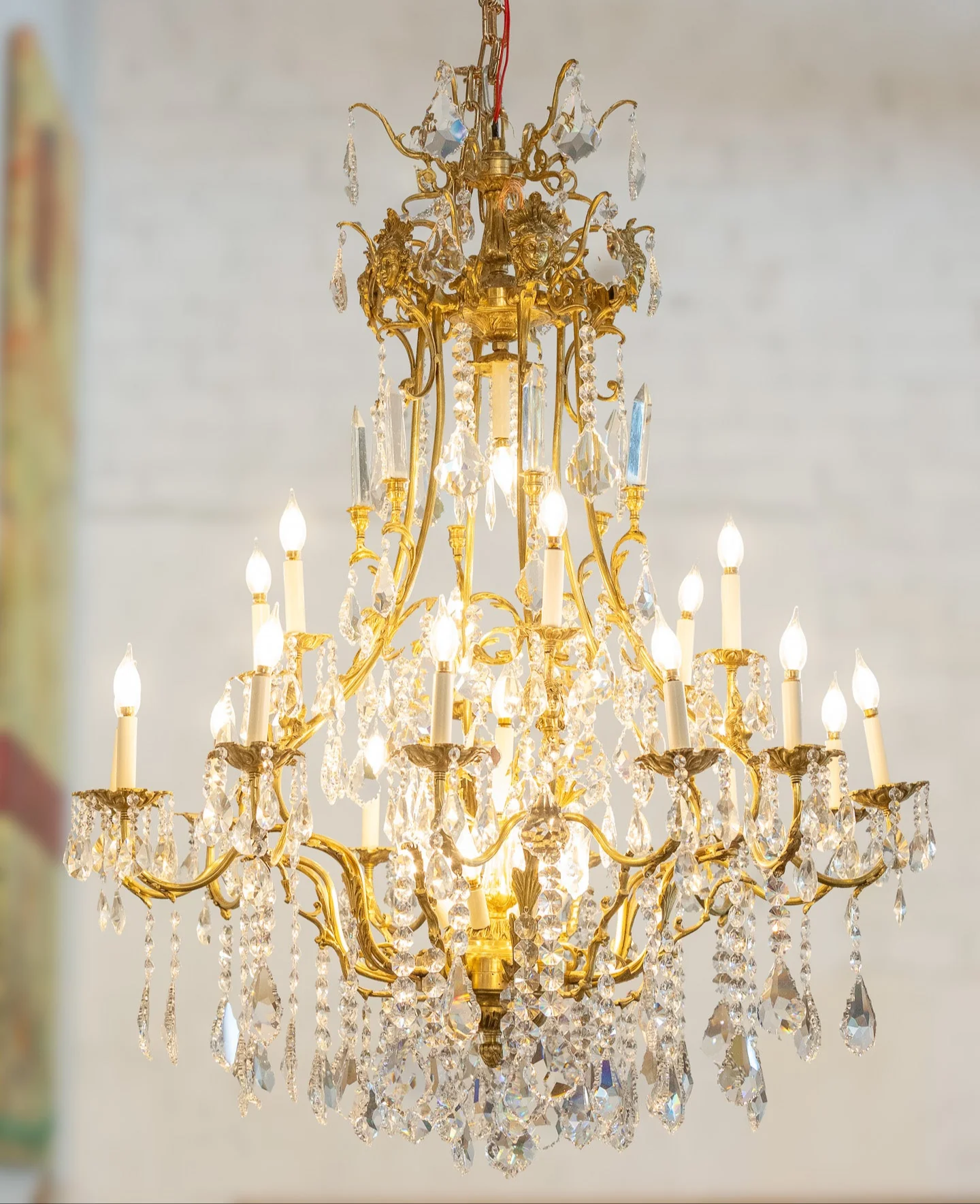 French Empire Candelabra Brass Chandelier – Curved Leaf Frame & Crystal Drops