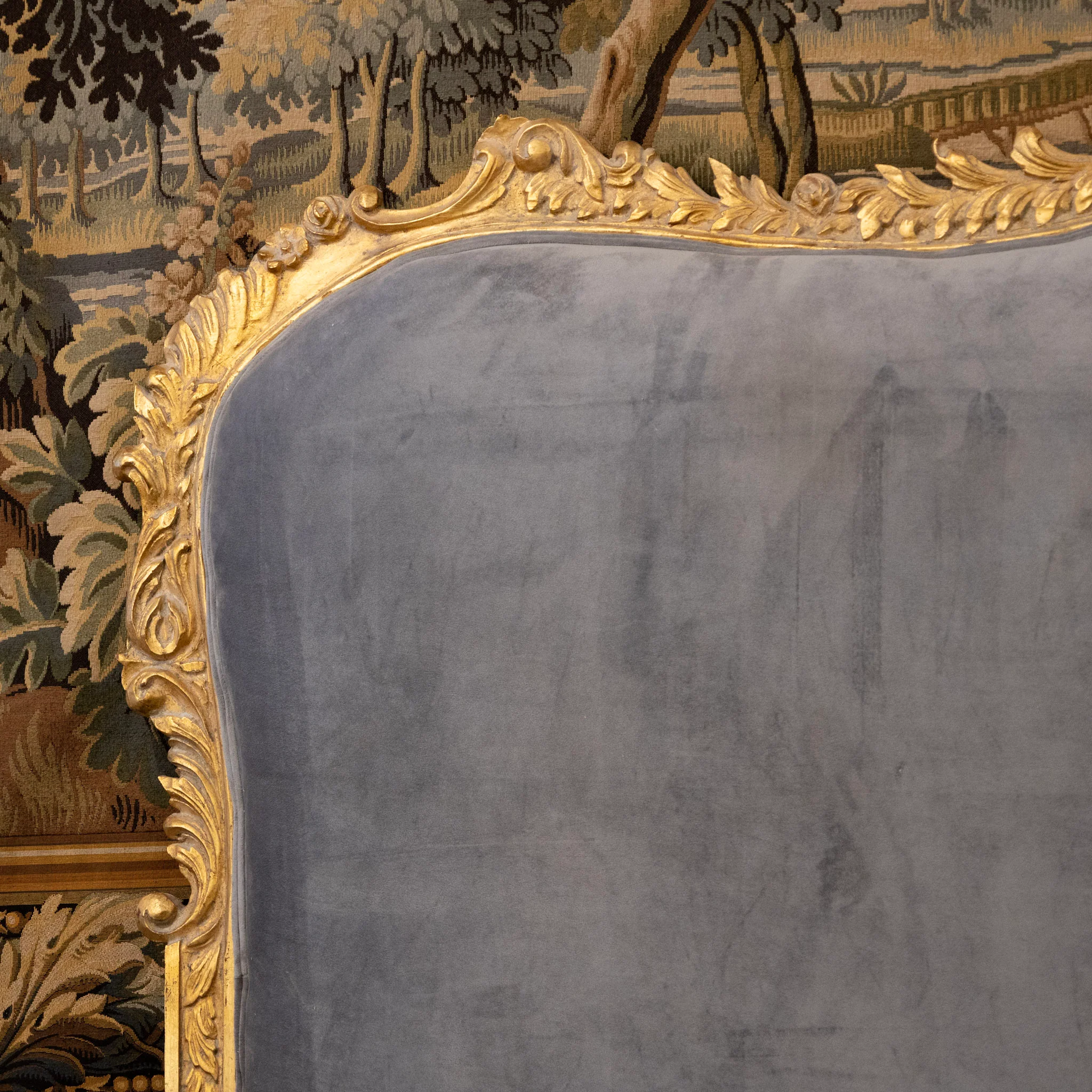 Louis XV Gilded Carved Ornate Queen Size Headboard – Dark Blue-Grey Velvet - Image 3