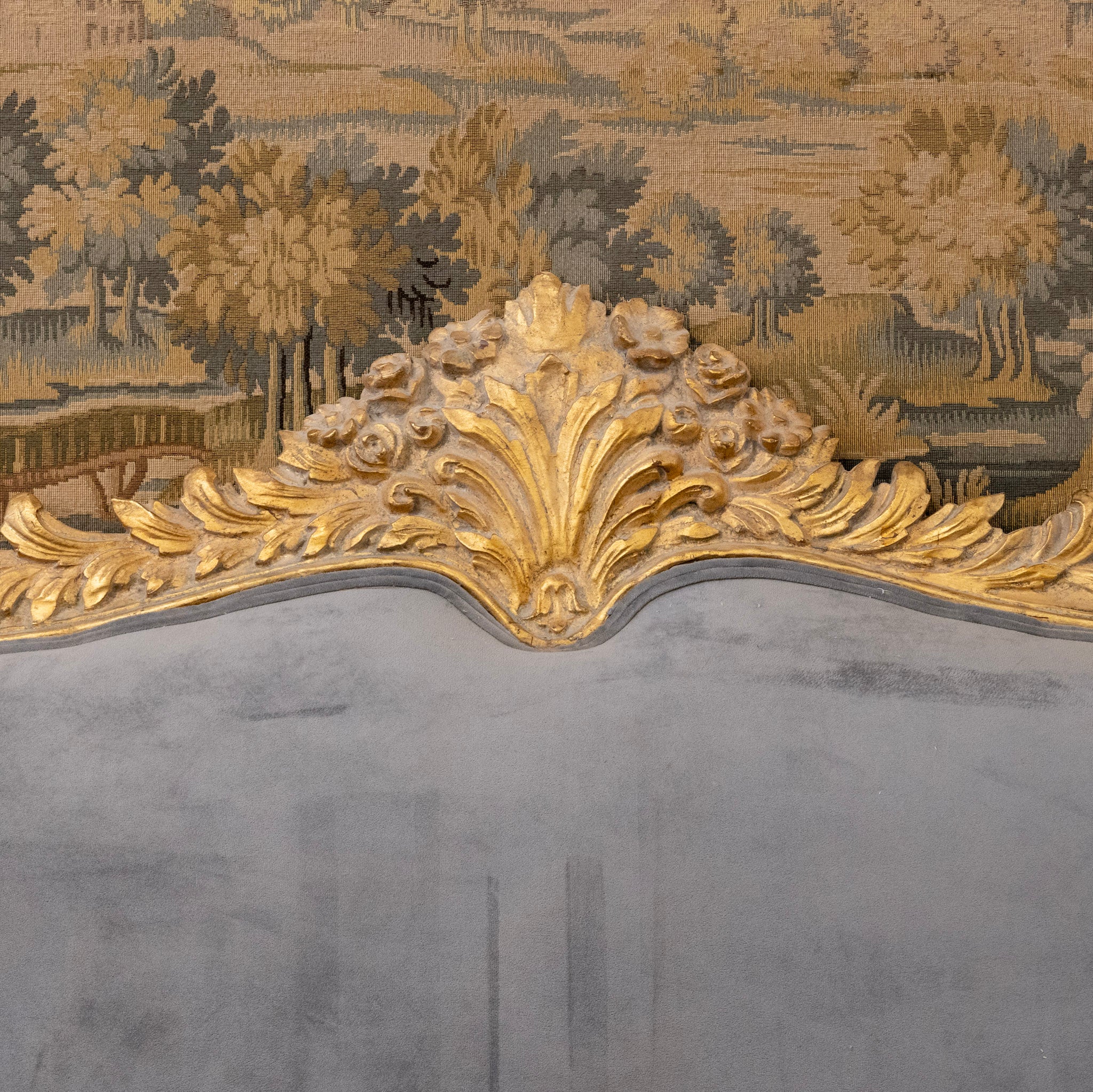 Louis XV Gilded Carved Ornate Queen Size Headboard – Dark Blue-Grey Velvet - Image 4