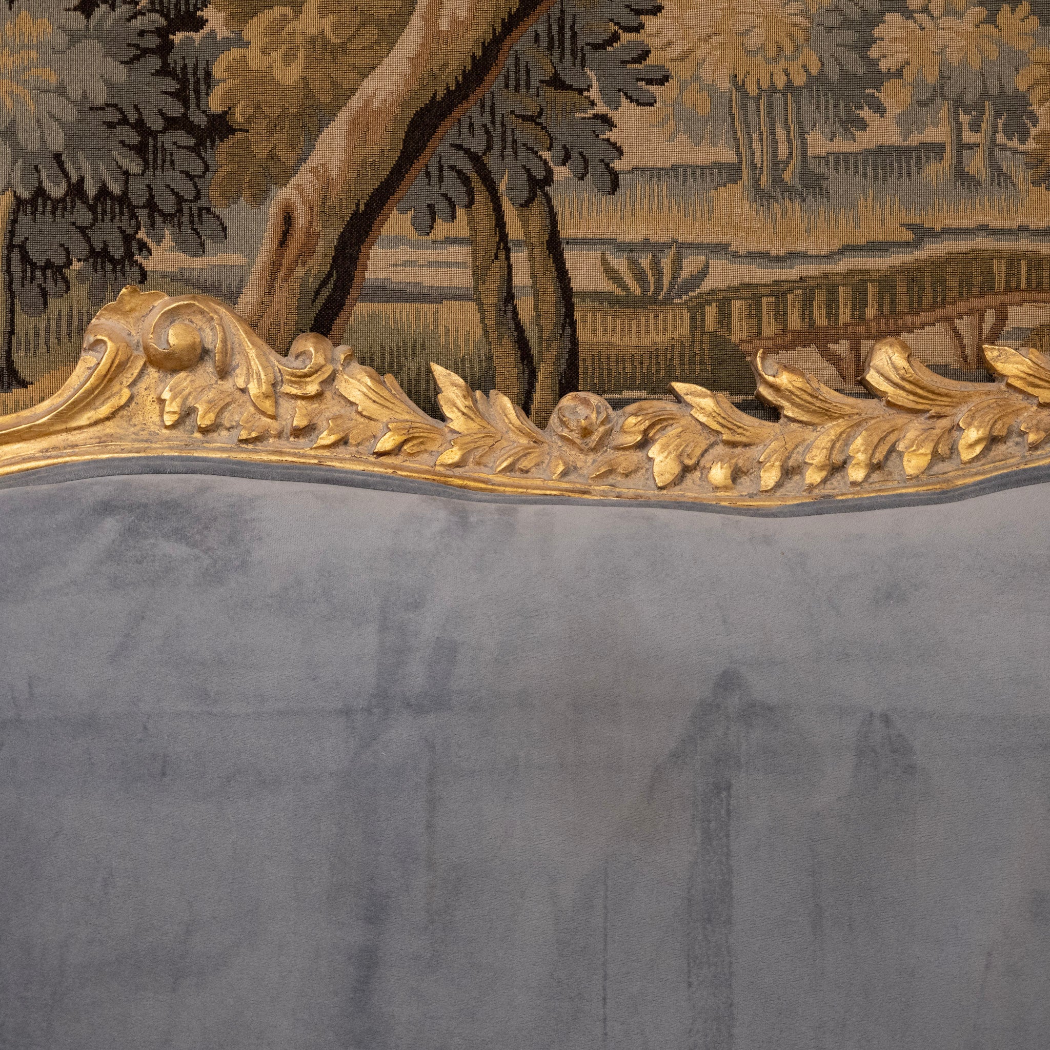 Louis XV Gilded Carved Ornate Queen Size Headboard – Dark Blue-Grey Velvet - Image 5