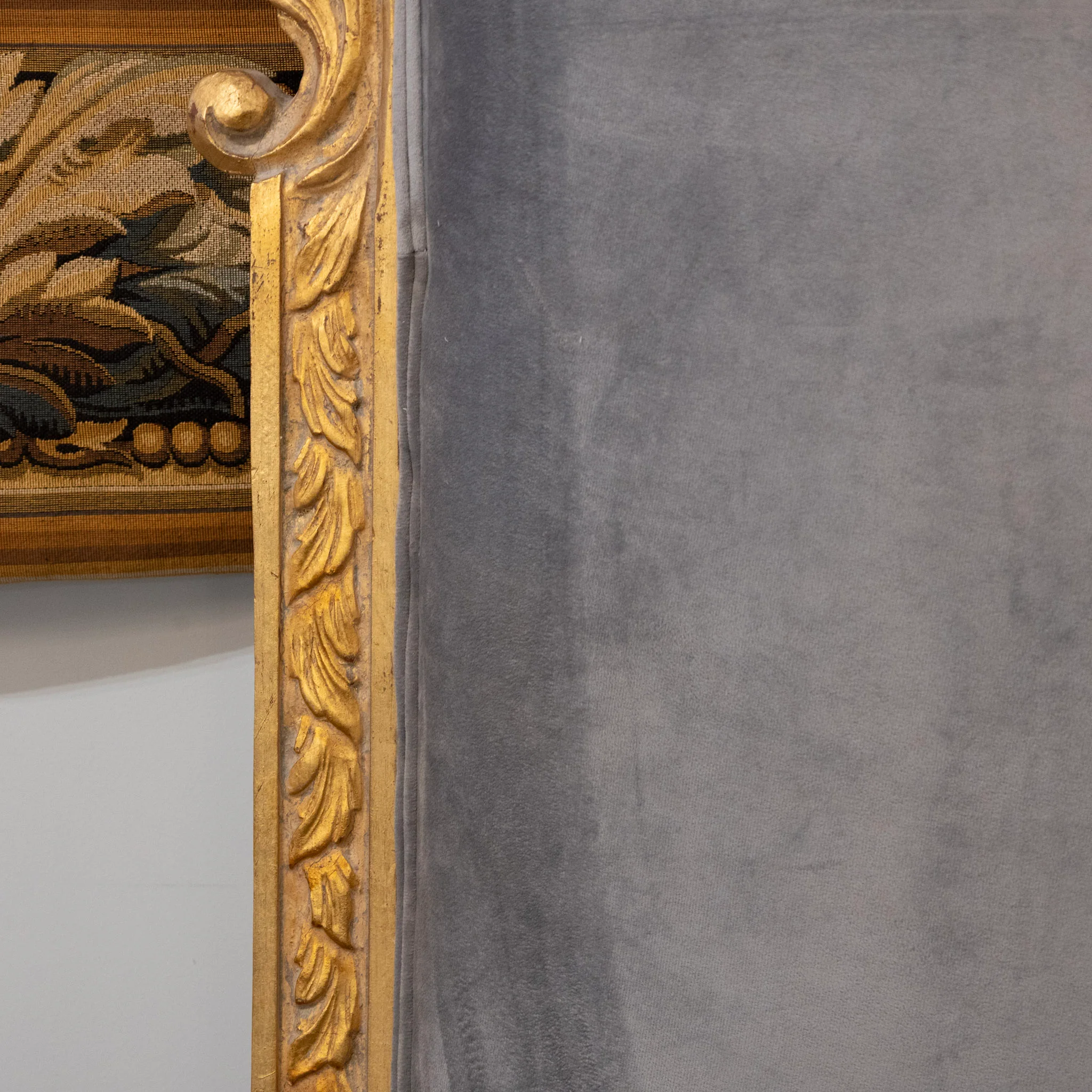 Louis XV Gilded Carved Ornate Queen Size Headboard – Dark Blue-Grey Velvet - Image 6