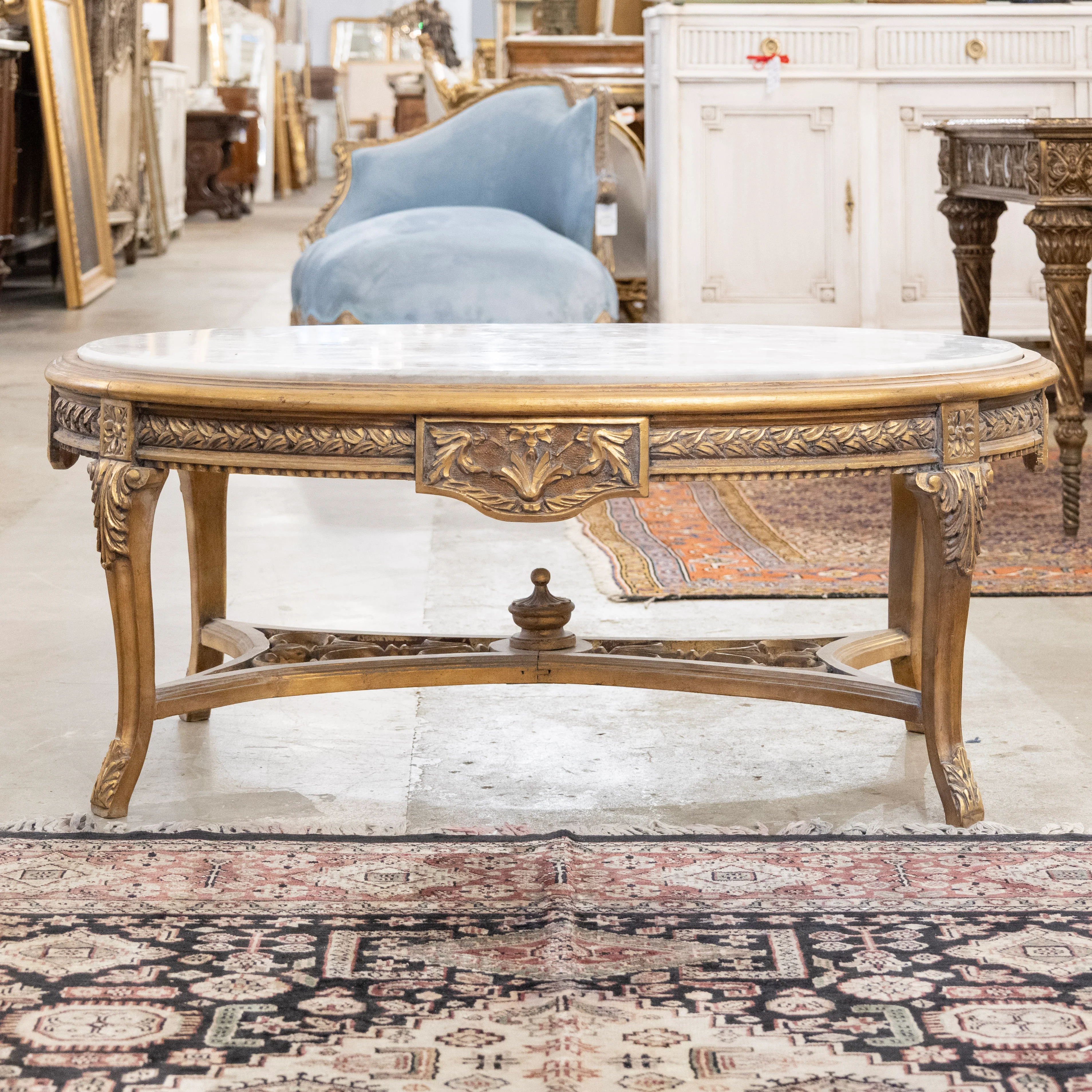 Louis XV Gilded Carved Oval Coffee Table – White Marble Top