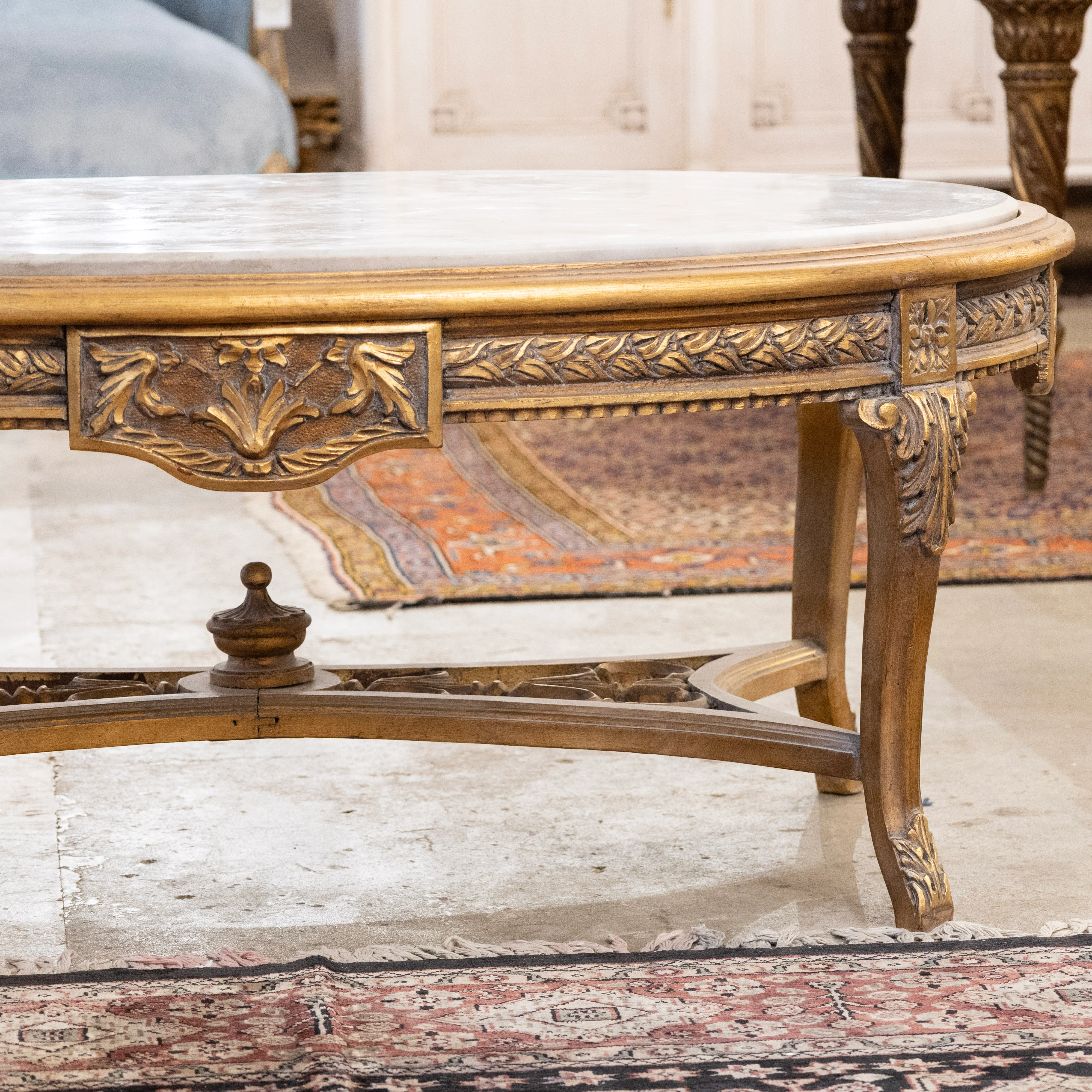 Louis XV Gilded Carved Oval Coffee Table – White Marble Top - Image 2