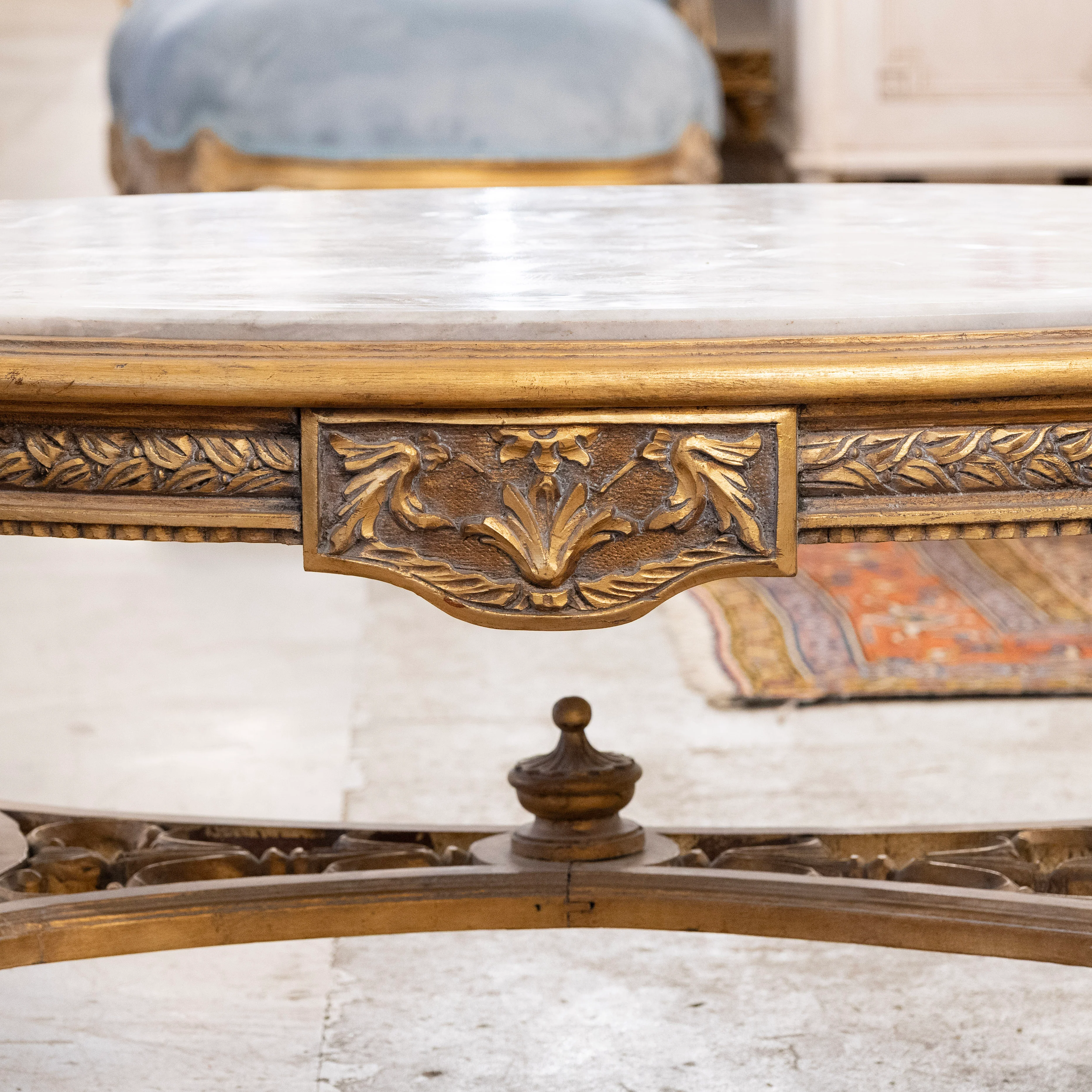 Louis XV Gilded Carved Oval Coffee Table – White Marble Top - Image 3