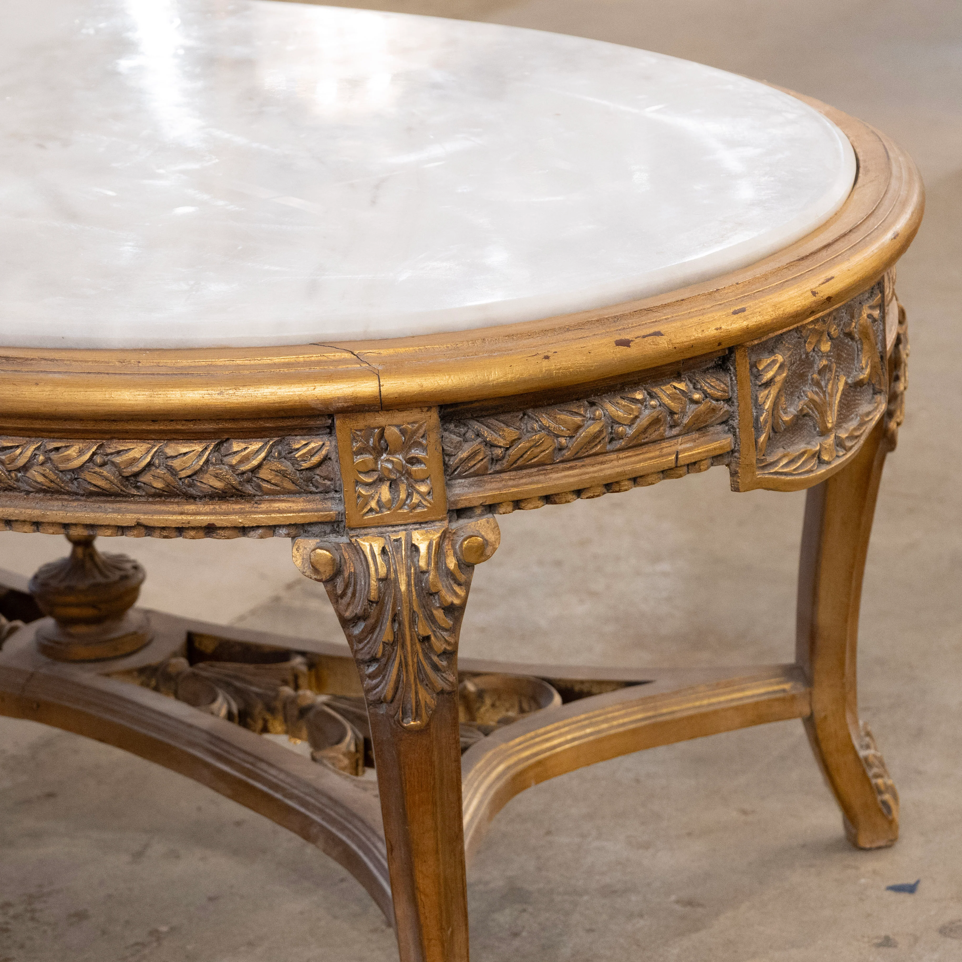 Louis XV Gilded Carved Oval Coffee Table – White Marble Top - Image 6
