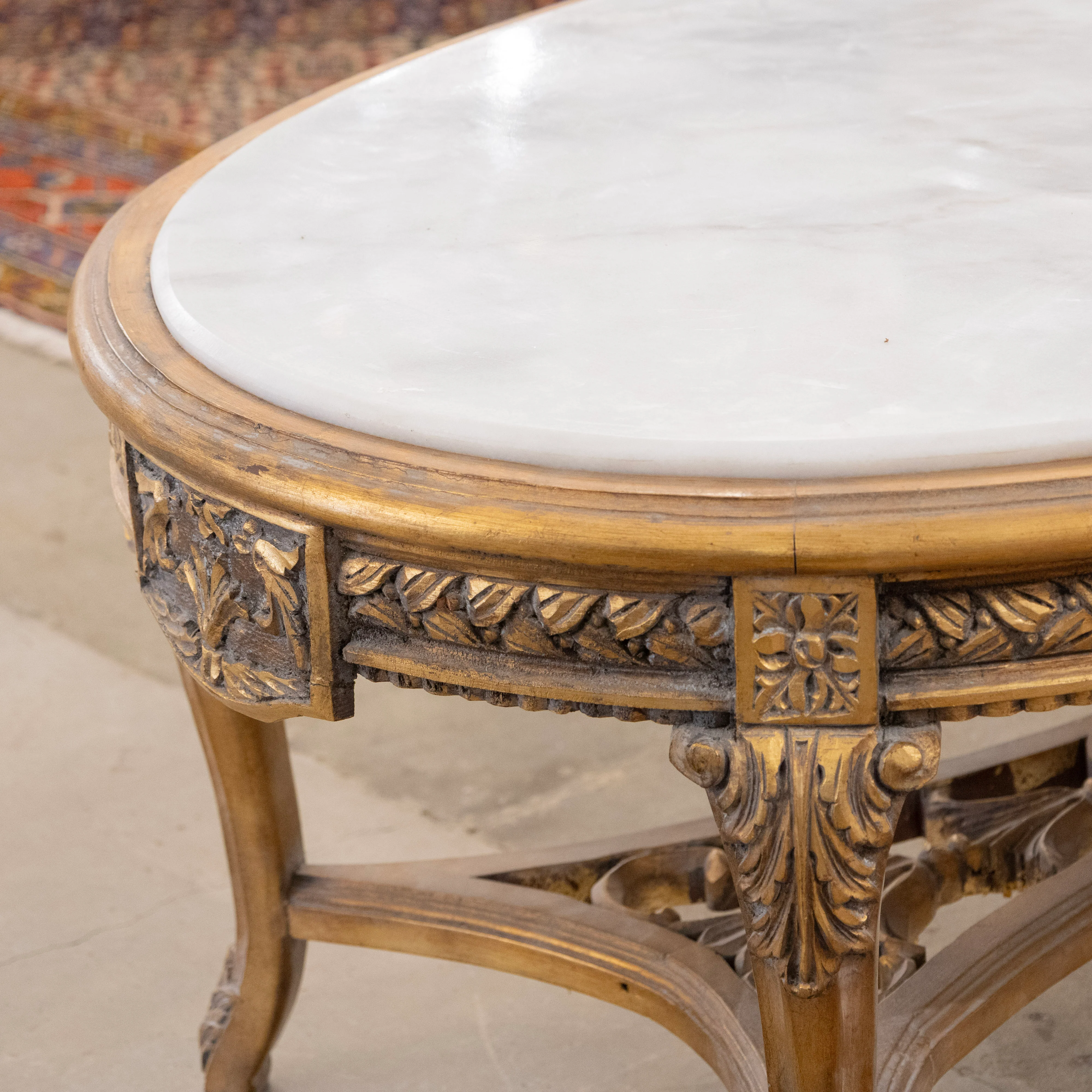 Louis XV Gilded Carved Oval Coffee Table – White Marble Top - Image 8