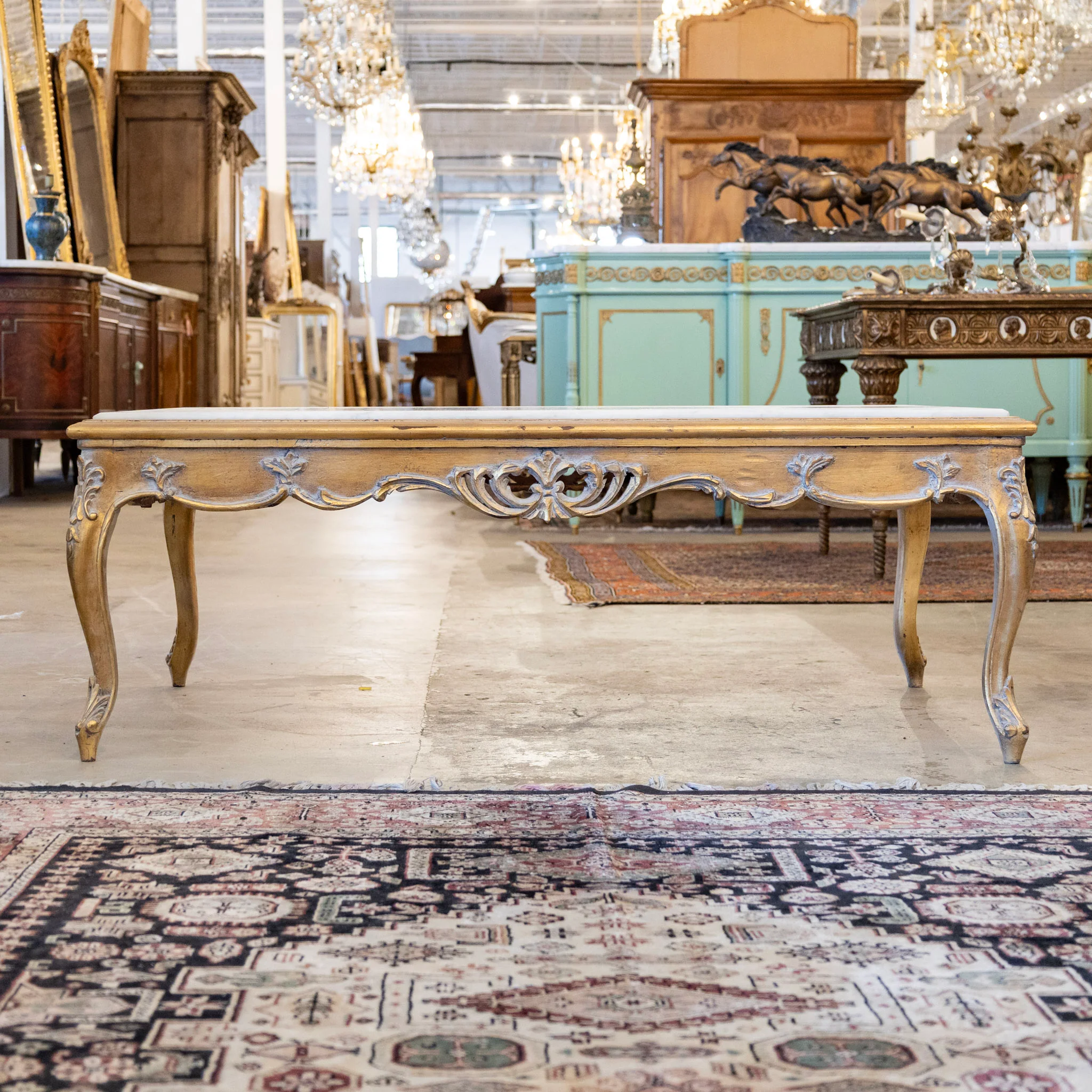 Louis XV Gilded Coffee Table – Carved Trim & White Marble Top