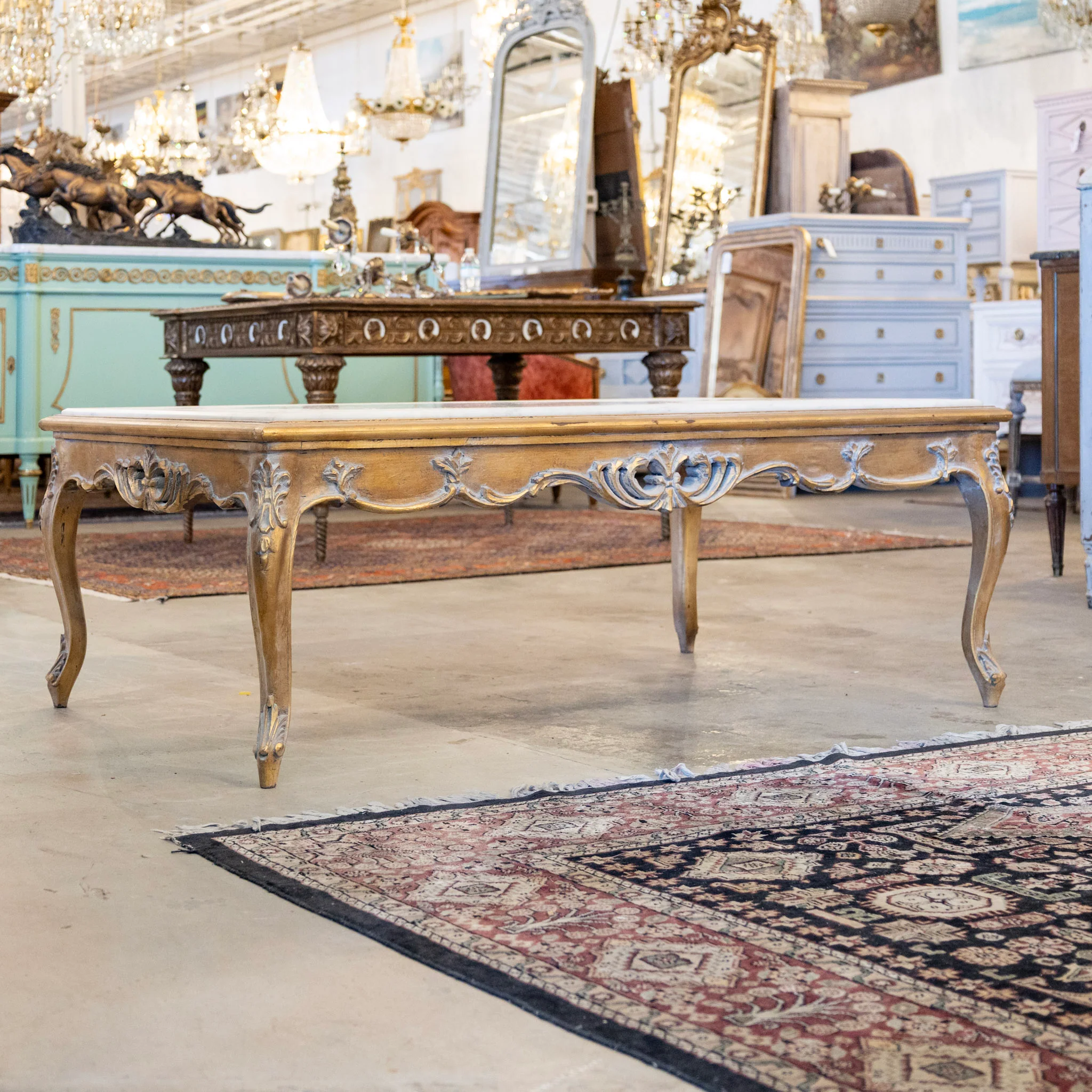 Louis XV Gilded Coffee Table – Carved Trim & White Marble Top - Image 2