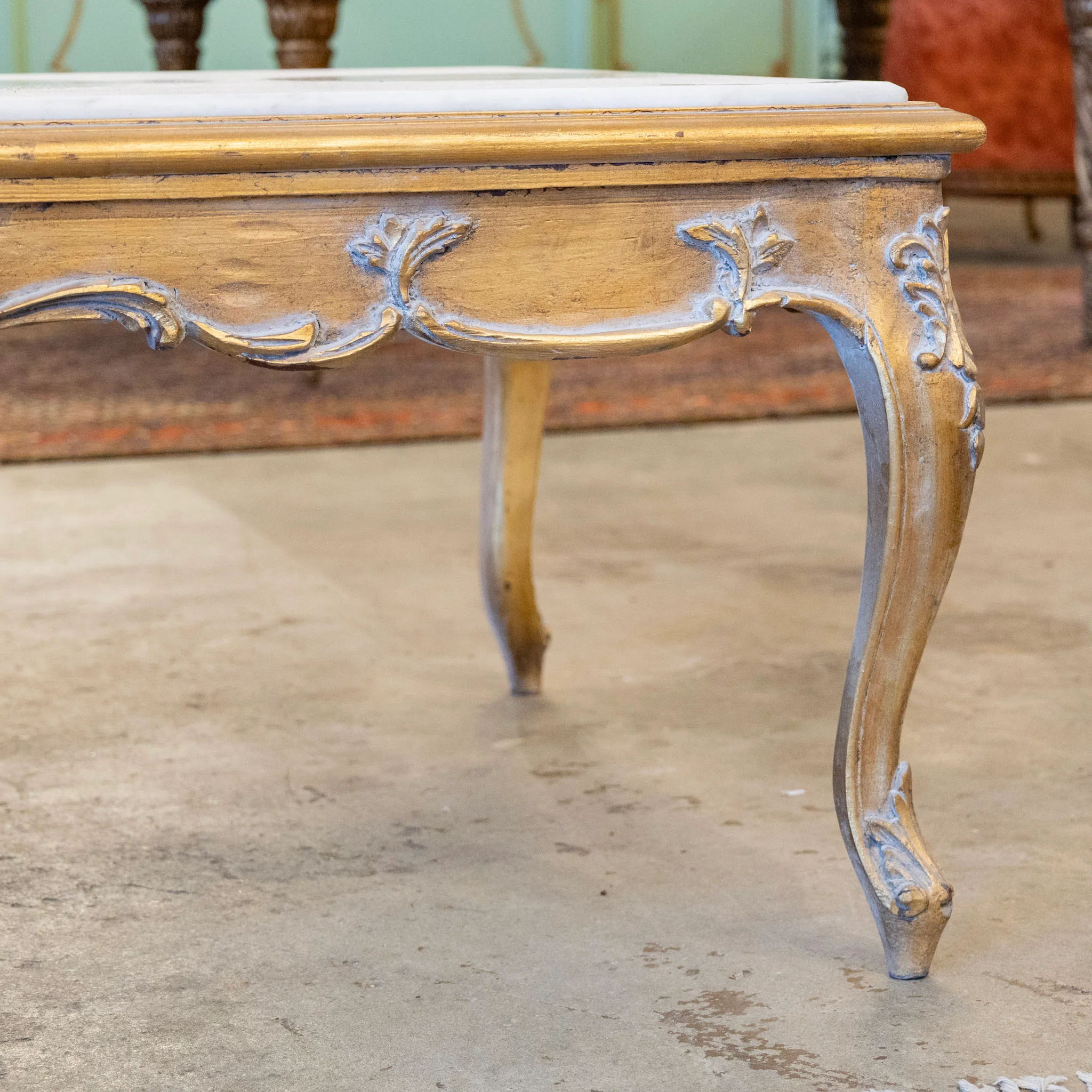 Louis XV Gilded Coffee Table – Carved Trim & White Marble Top - Image 5