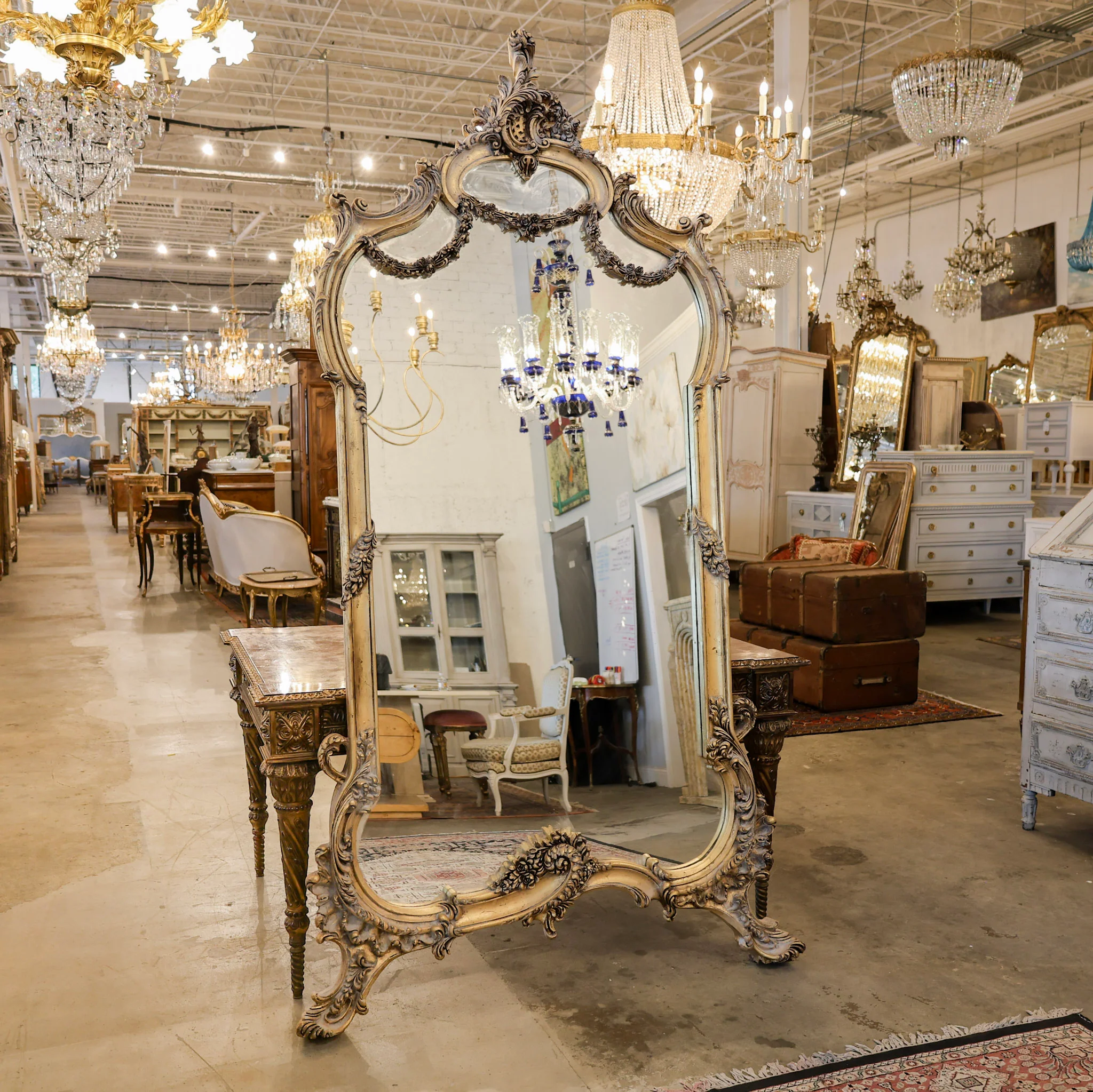 Louis XV Gilded Floor Mirror – Carved Ornate Frame with Floral Garlands