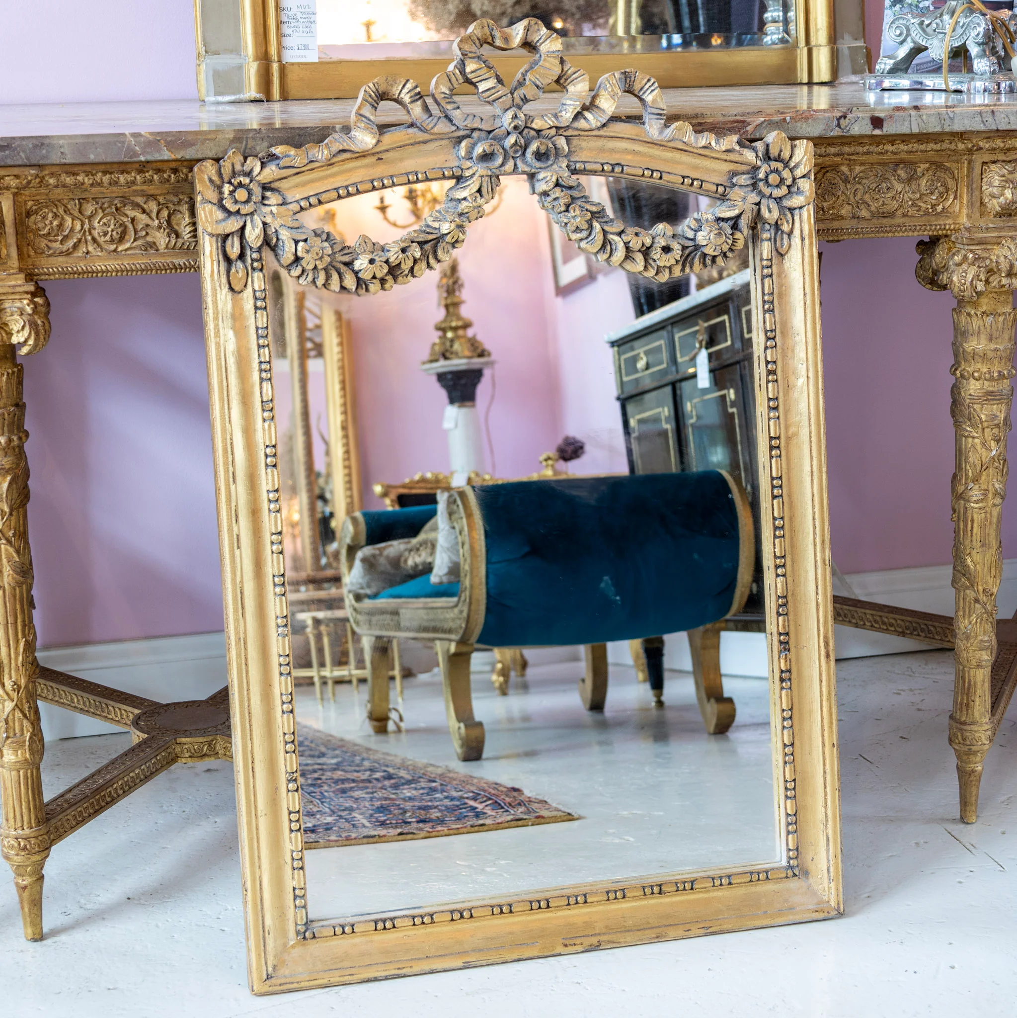 Louis XV Gilded Mirror – Carved Floral Garland & Ribbon Heart Crest