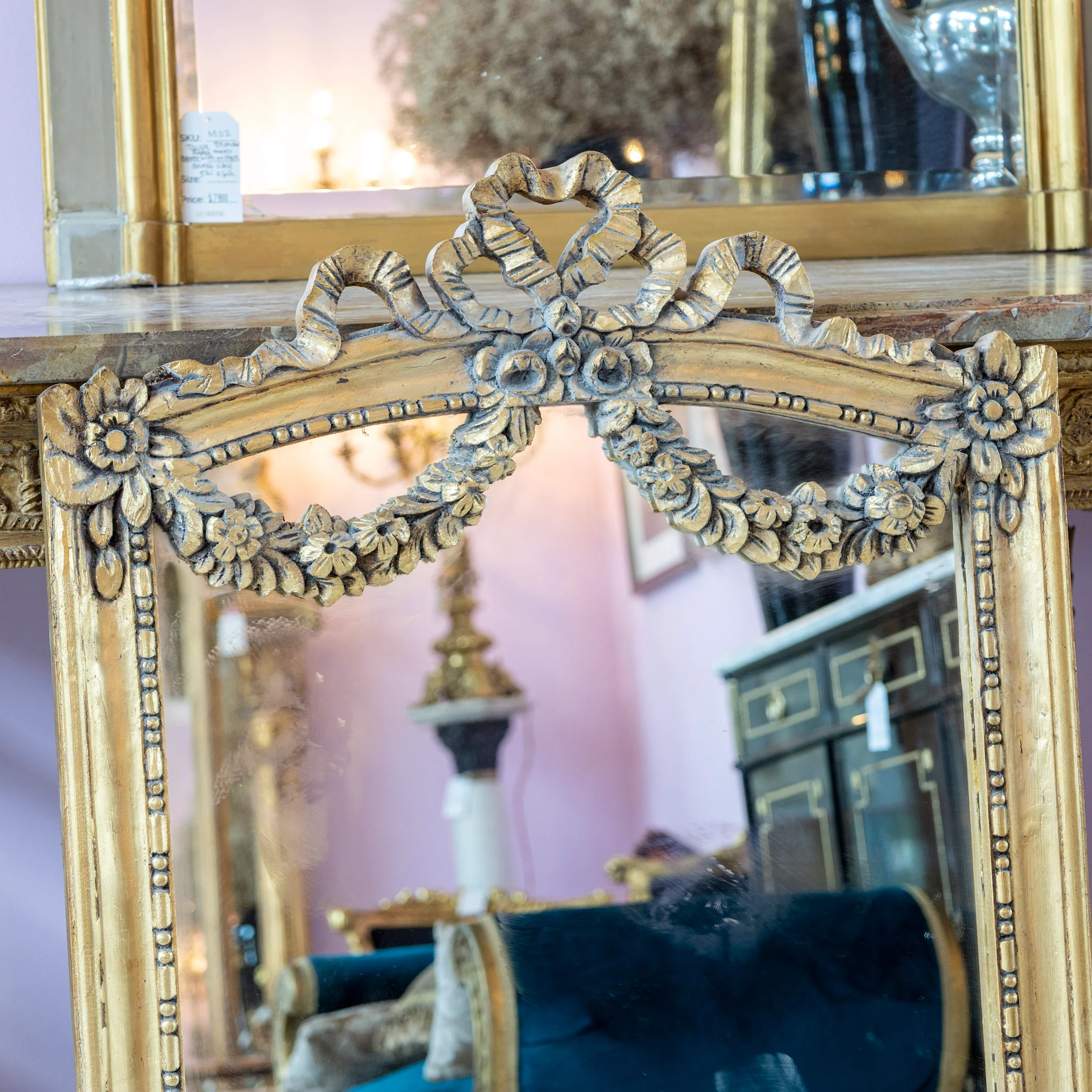 Louis XV Gilded Mirror – Carved Floral Garland & Ribbon Heart Crest - Image 2