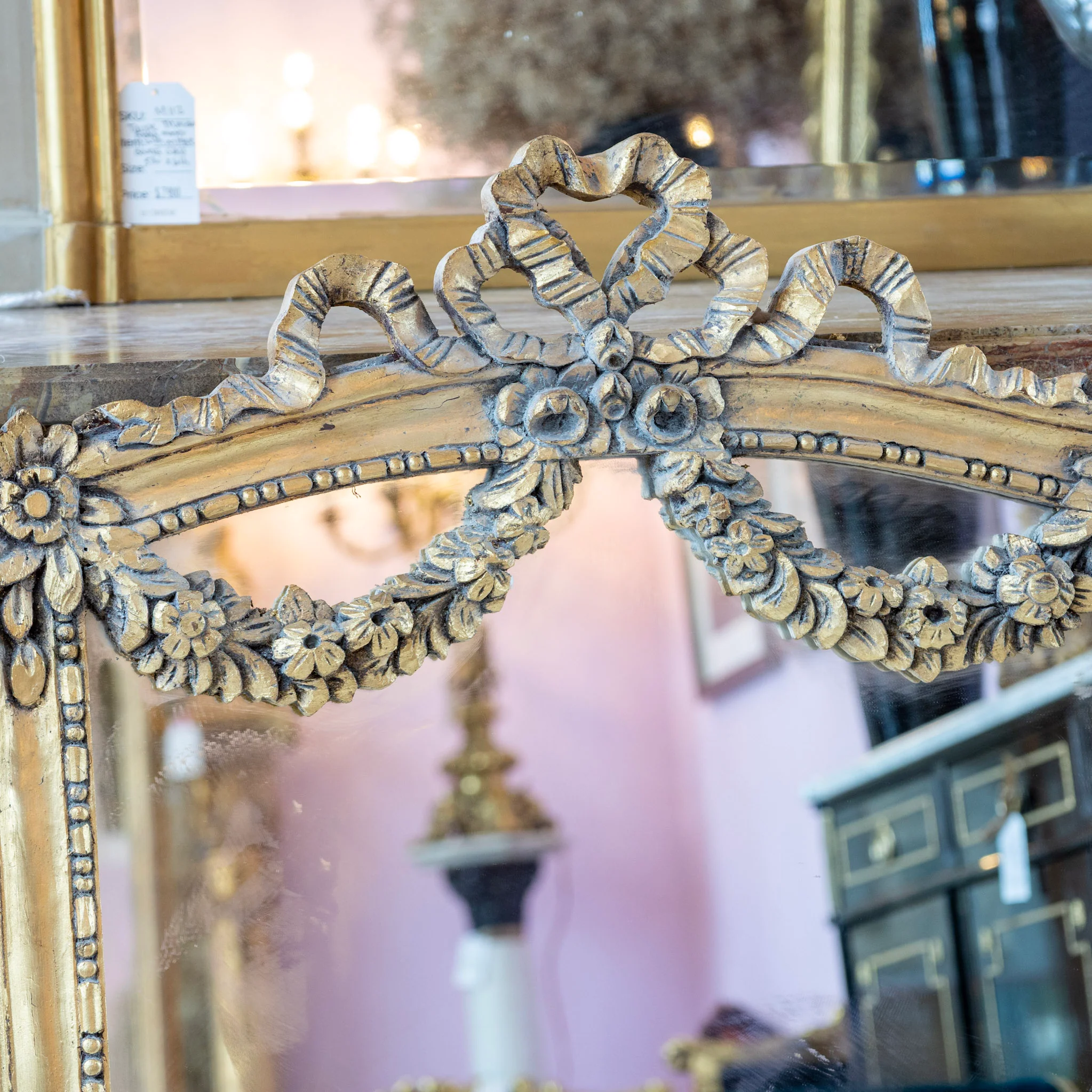 Louis XV Gilded Mirror – Carved Floral Garland & Ribbon Heart Crest - Image 3