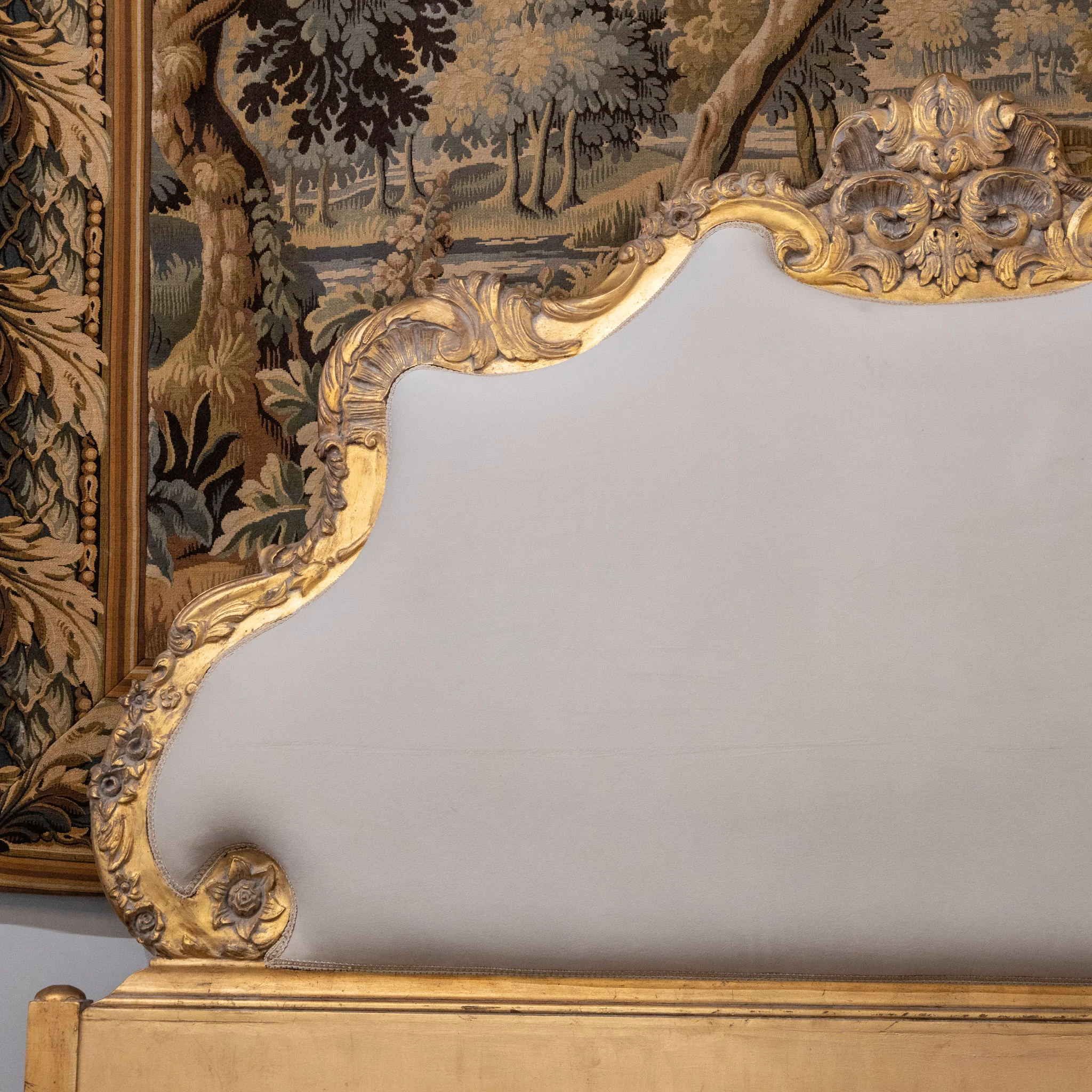 Louis XV Gilded Ornate King Bed Set – Sculpted Trim with Carvings & Soft White Velvet - Image 4