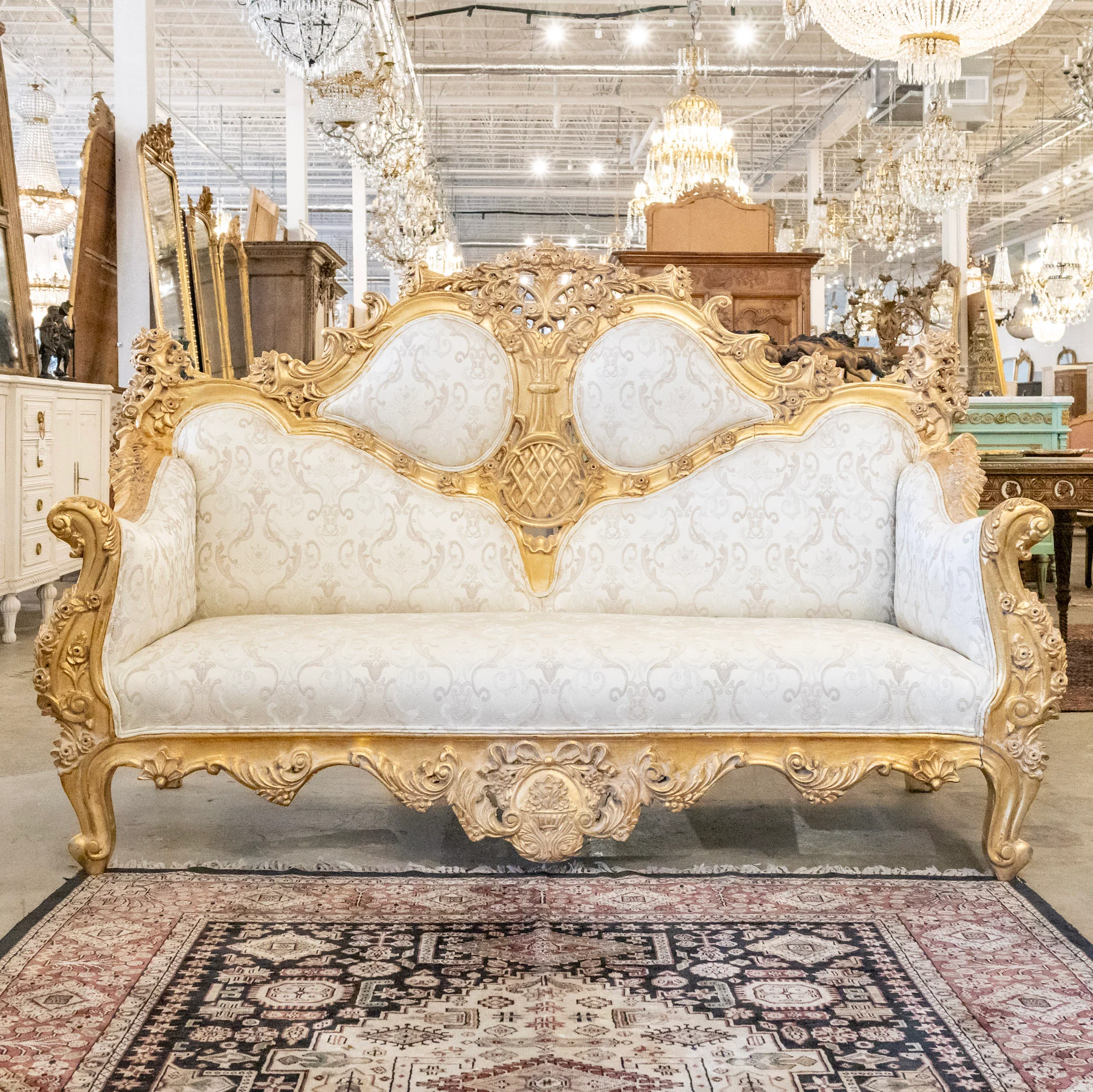 Louis XV Gilded Ornate Sofa – White Silk-Weave Upholstery with Carvings
