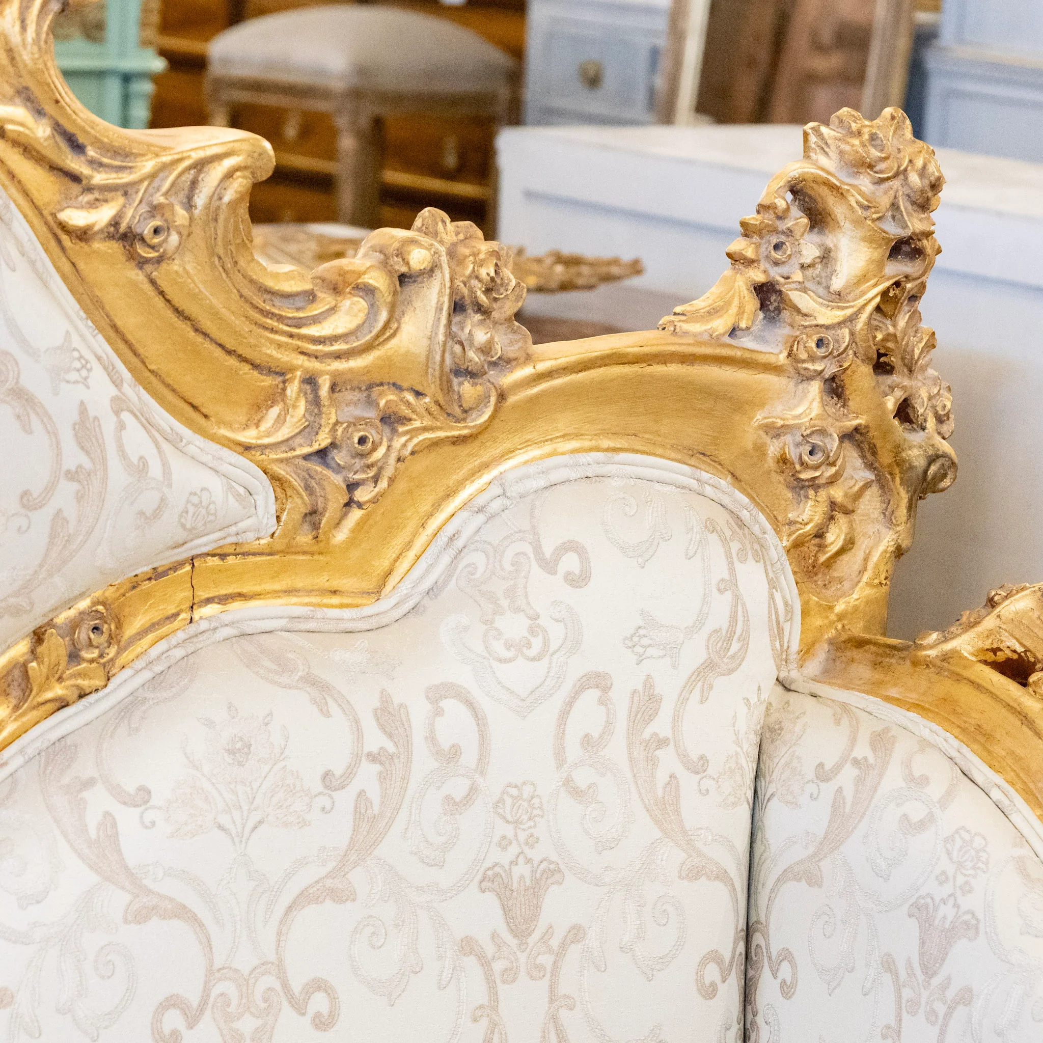 Louis XV Gilded Ornate Sofa – White Silk-Weave Upholstery with Carvings - Image 12
