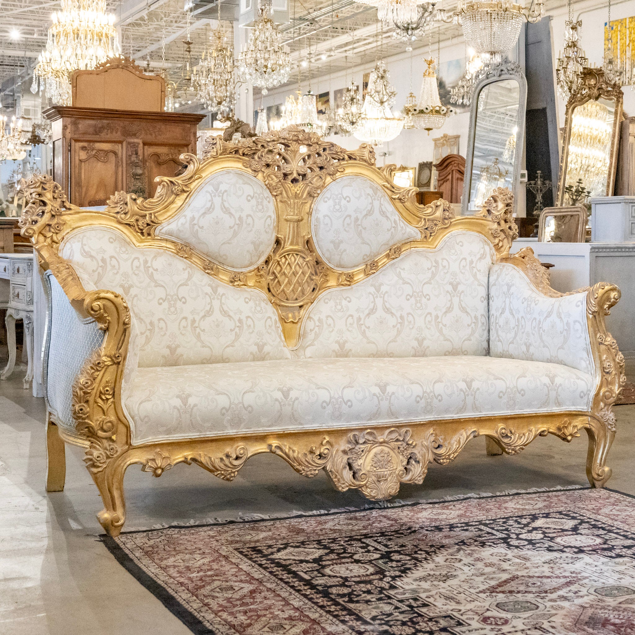 Louis XV Gilded Ornate Sofa – White Silk-Weave Upholstery with Carvings - Image 2