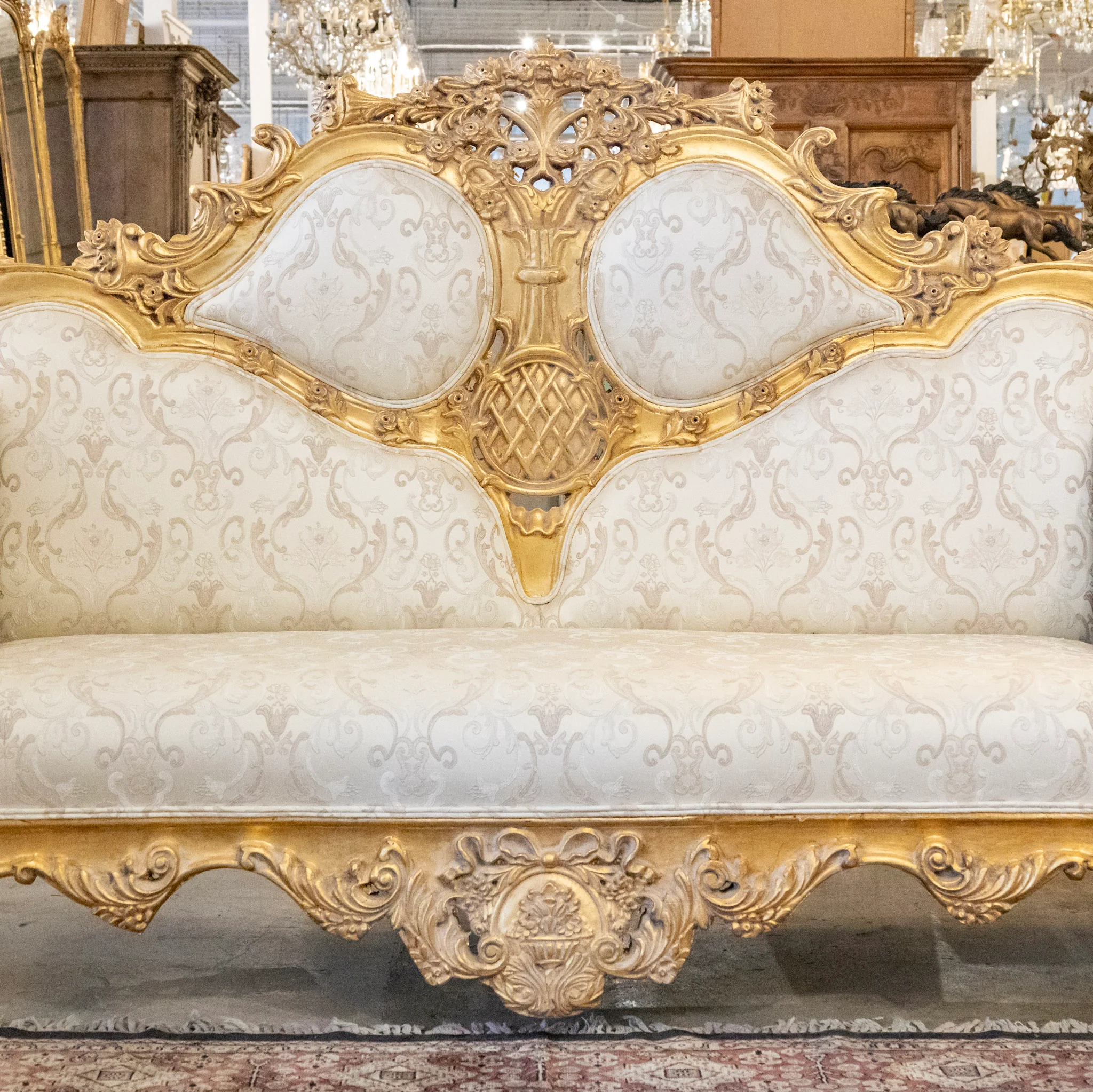 Louis XV Gilded Ornate Sofa – White Silk-Weave Upholstery with Carvings - Image 4