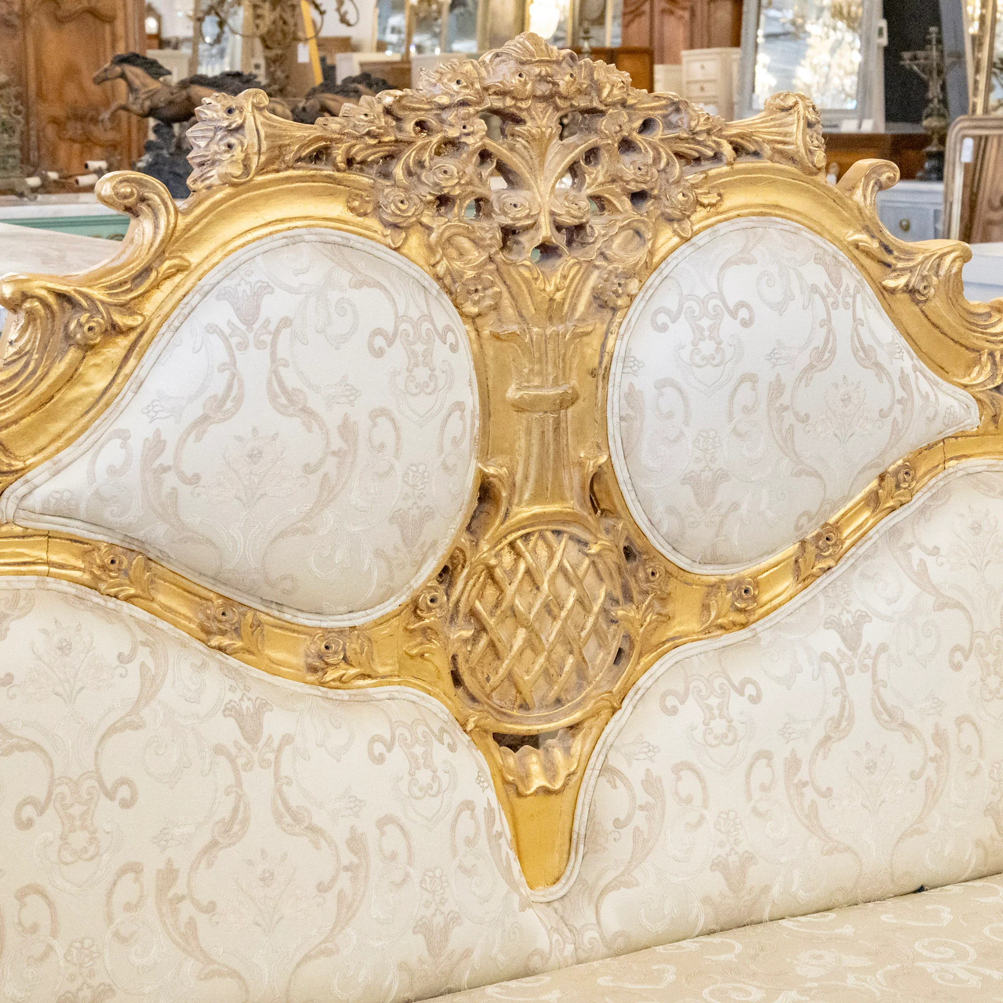 Louis XV Gilded Ornate Sofa – White Silk-Weave Upholstery with Carvings - Image 6