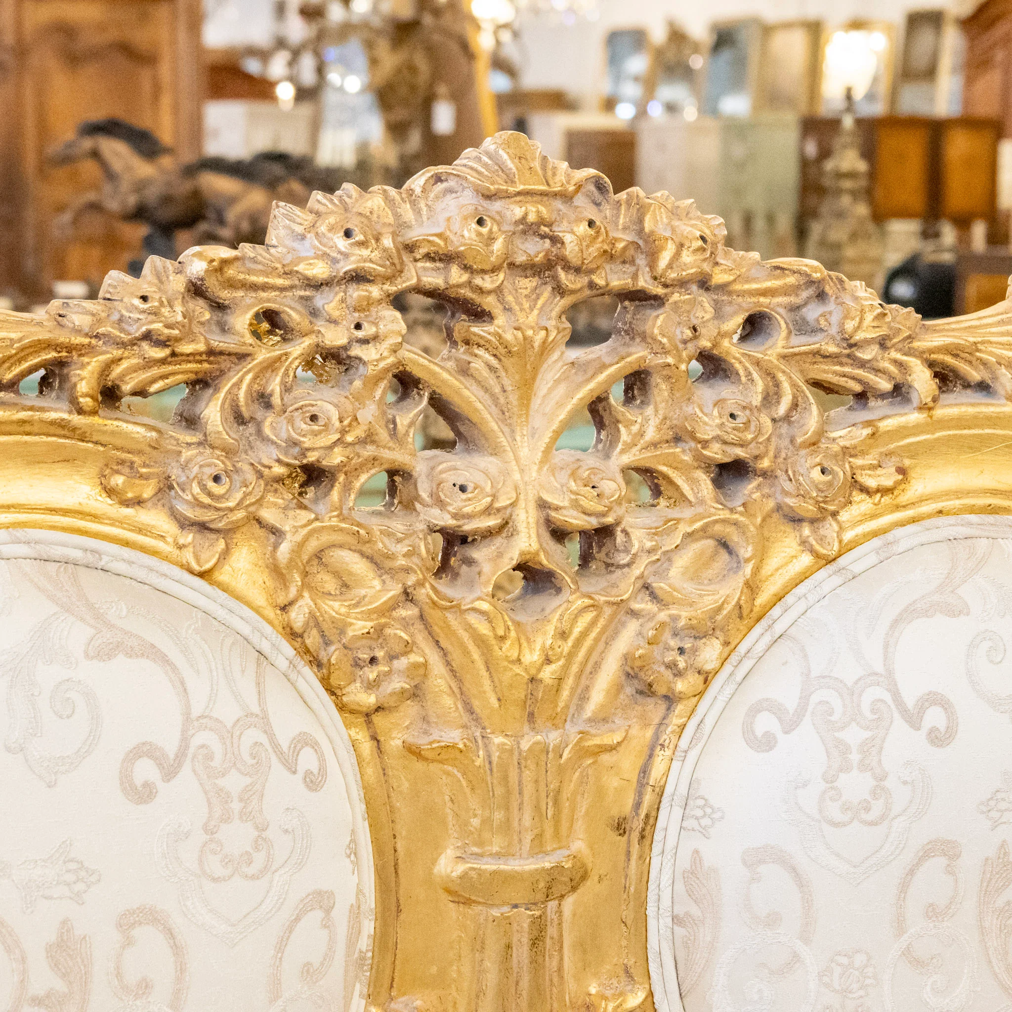 Louis XV Gilded Ornate Sofa – White Silk-Weave Upholstery with Carvings - Image 7