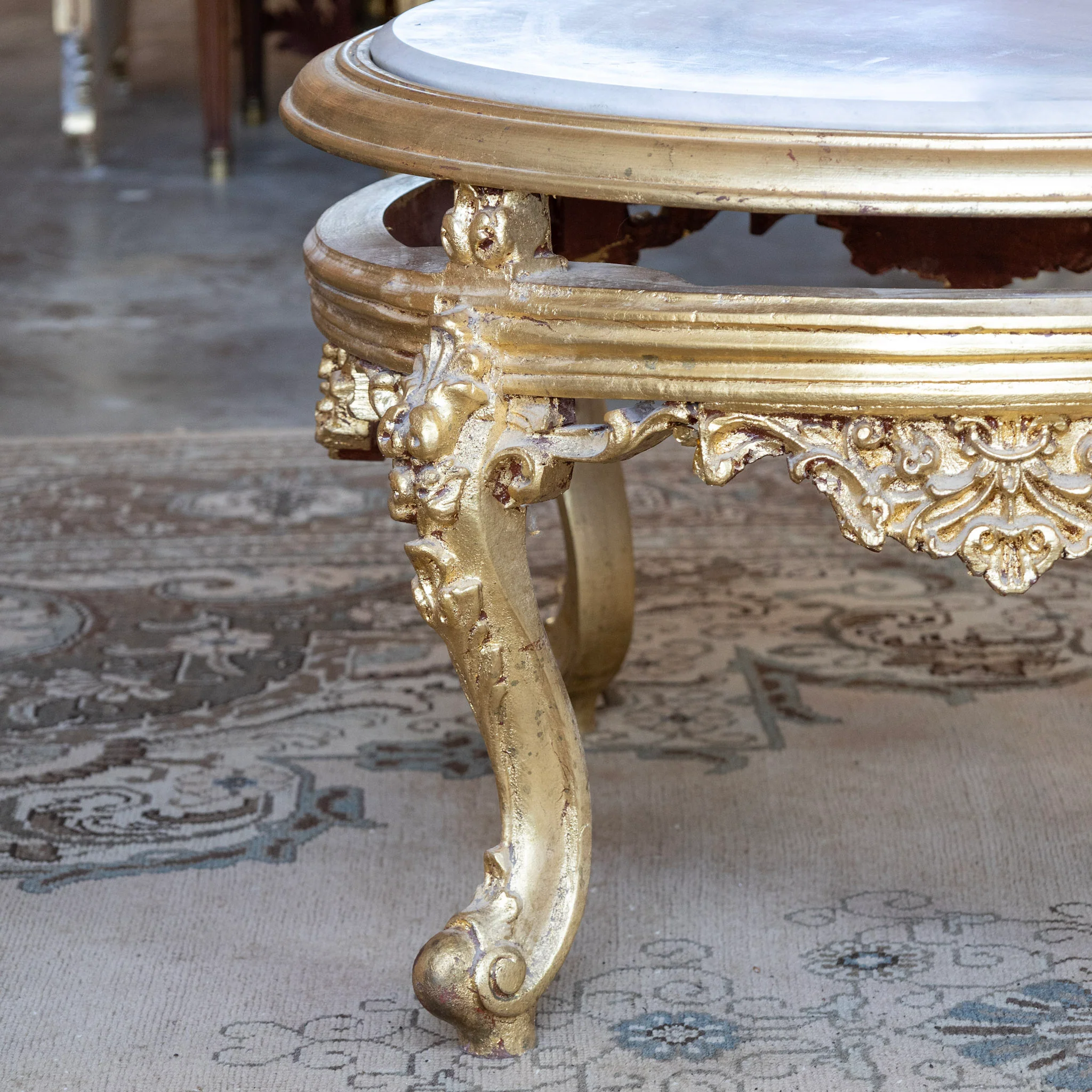 Louis XV Gilded Round Coffee Table – White Marble Top - Image 4