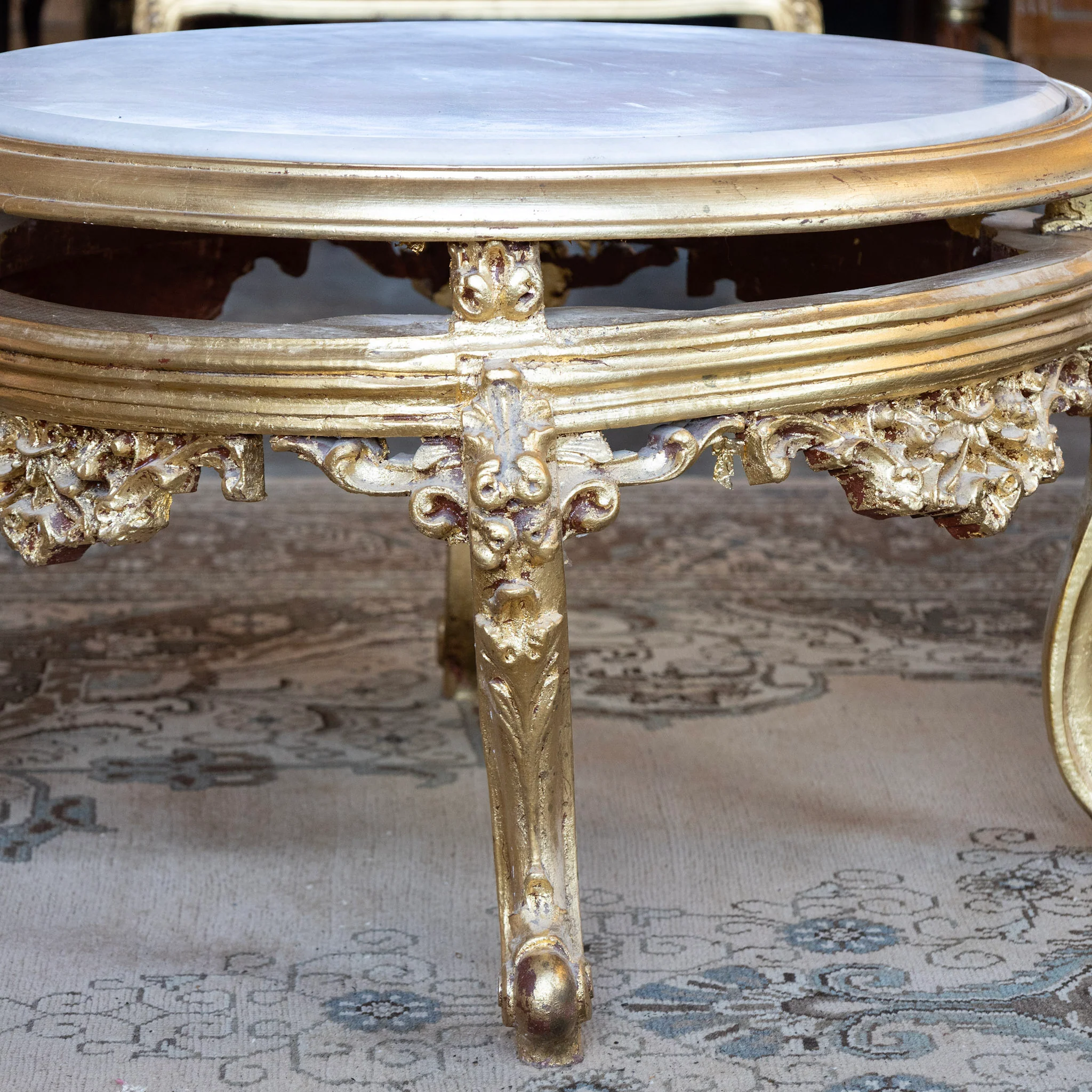 Louis XV Gilded Round Coffee Table – White Marble Top - Image 5