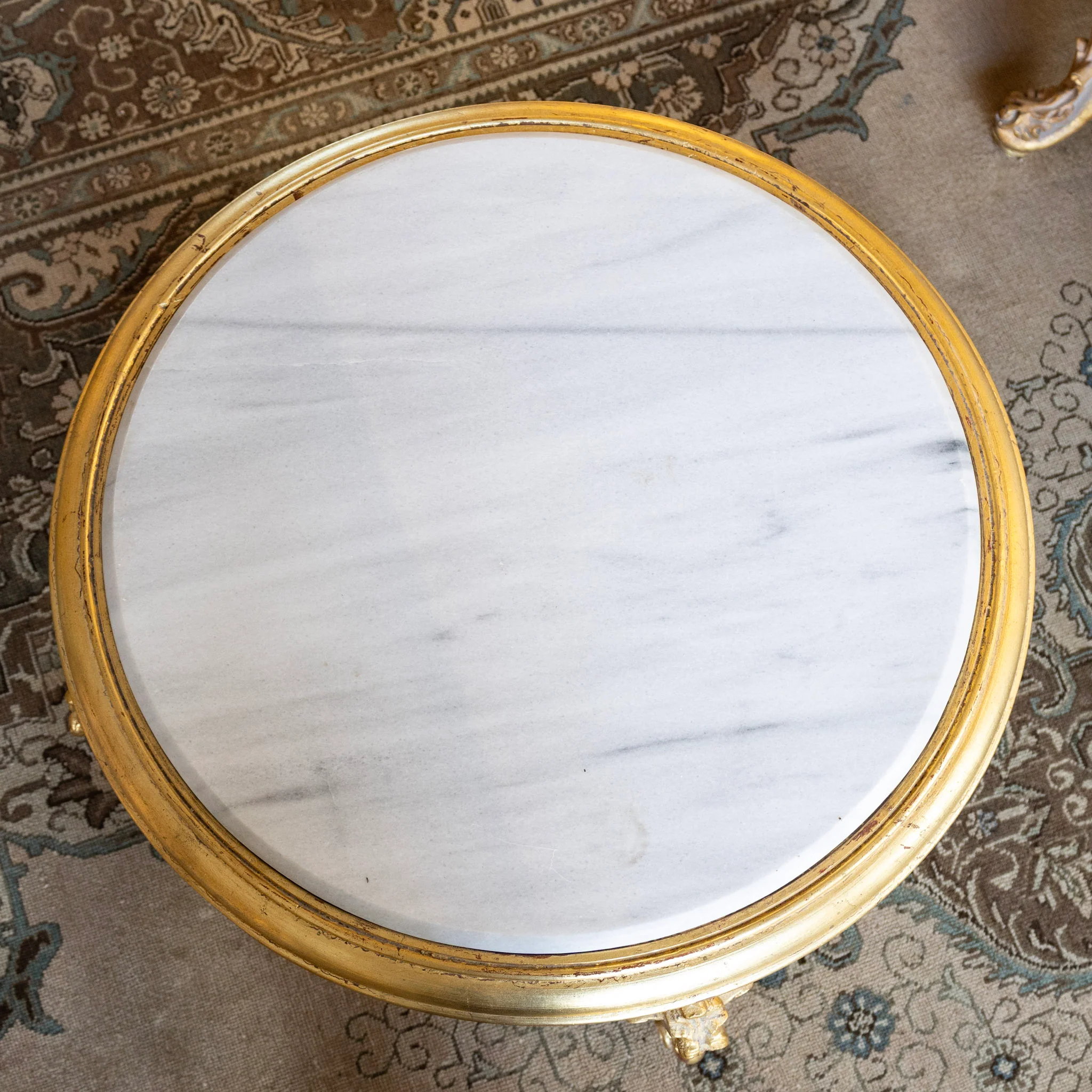 Louis XV Gilded Round Coffee Table – White Marble Top - Image 6